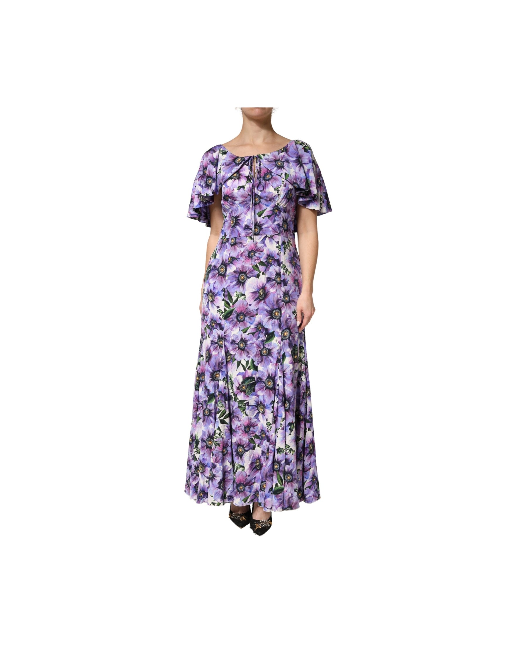 Dolce & Gabbana Purple Silk Floral Stretch Elegant Gown Dress 