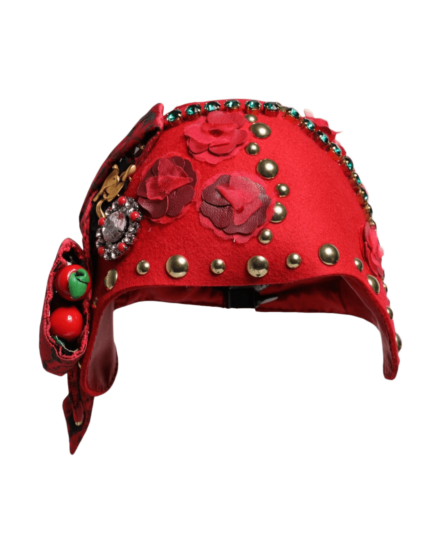Dolce & Gabbana Red Crystal Gold Roses Brooch Embellished Hat Glam Steals