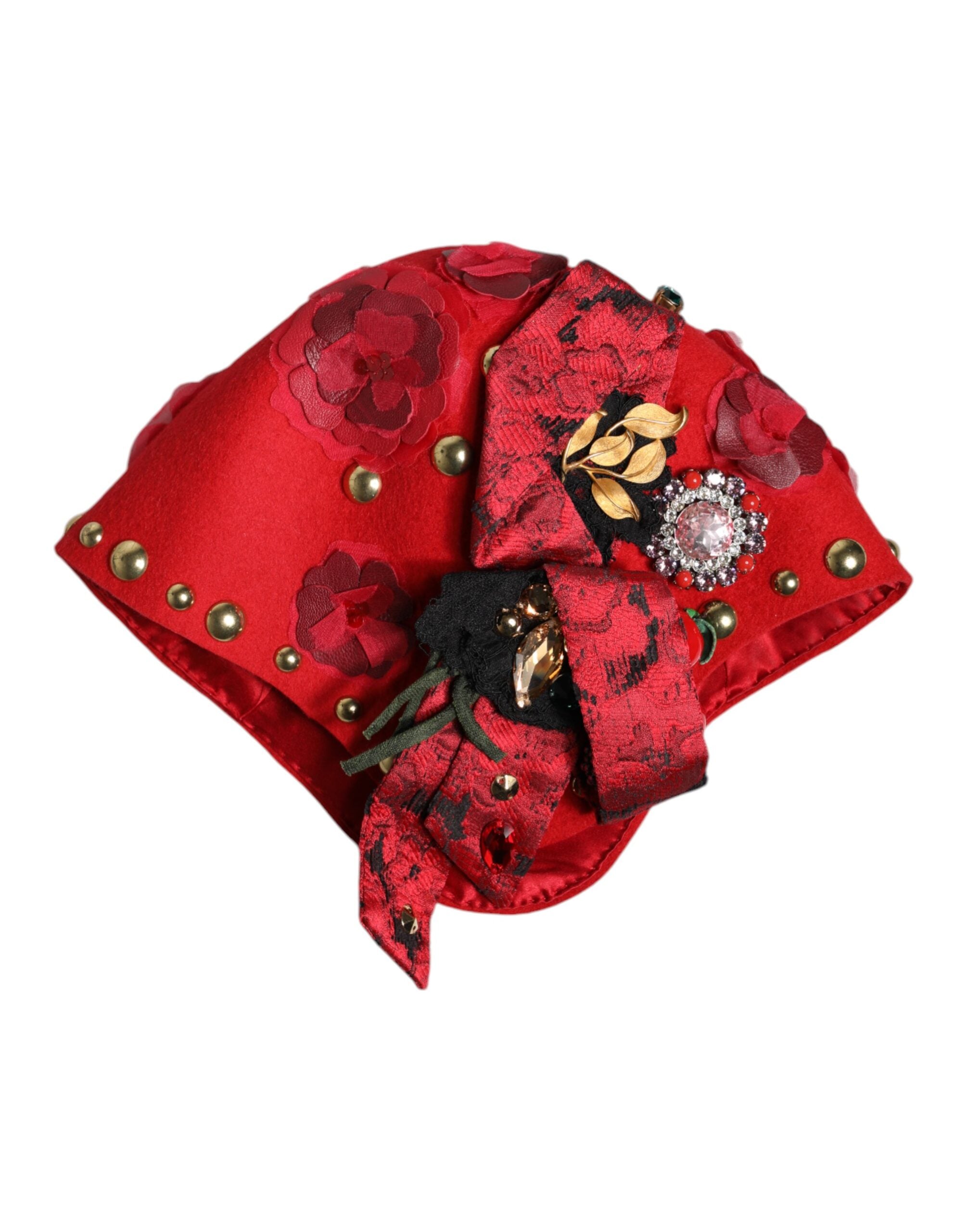 Dolce & Gabbana Red Crystal Gold Roses Brooch Embellished Hat Glam Steals