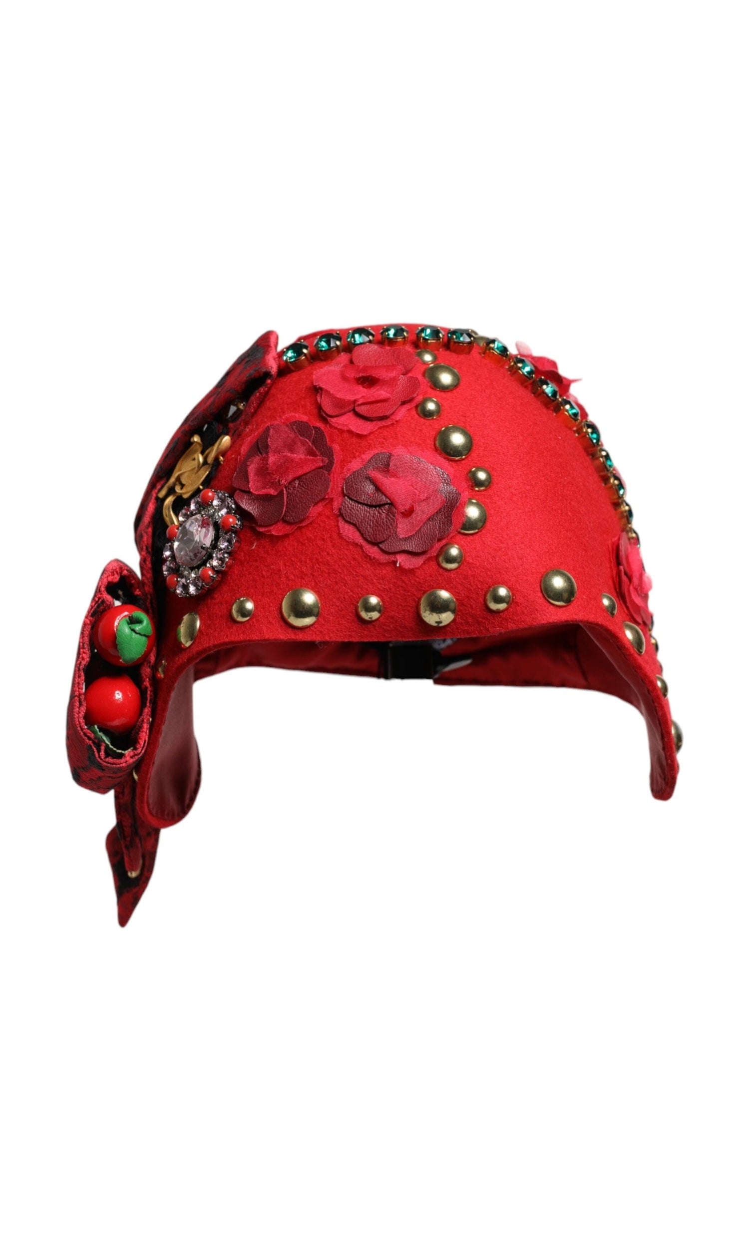 Dolce & Gabbana Red Crystal Gold Roses Brooch Embellished Hat Glam Steals