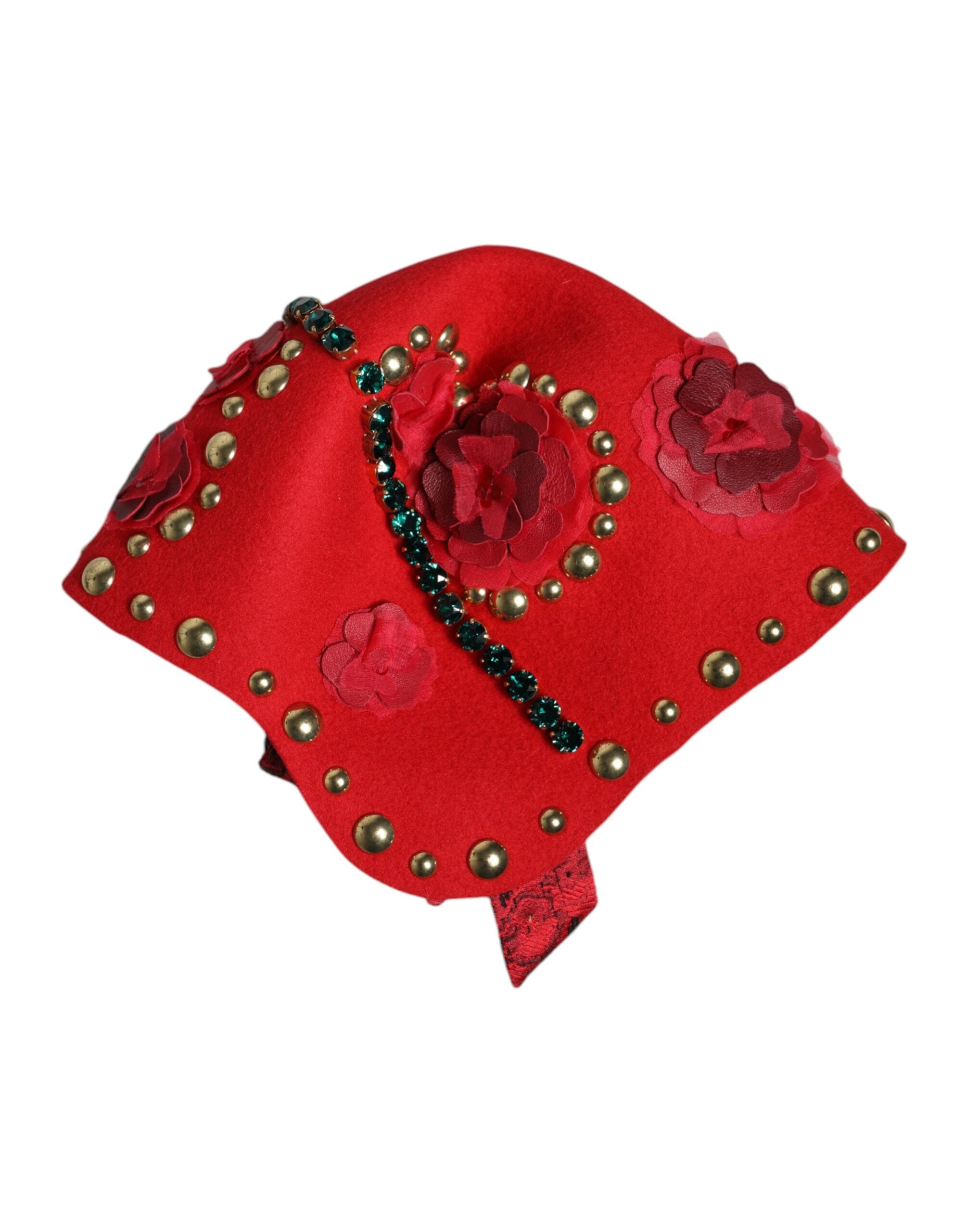 Dolce & Gabbana Red Crystal Gold Roses Brooch Embellished Hat Glam Steals