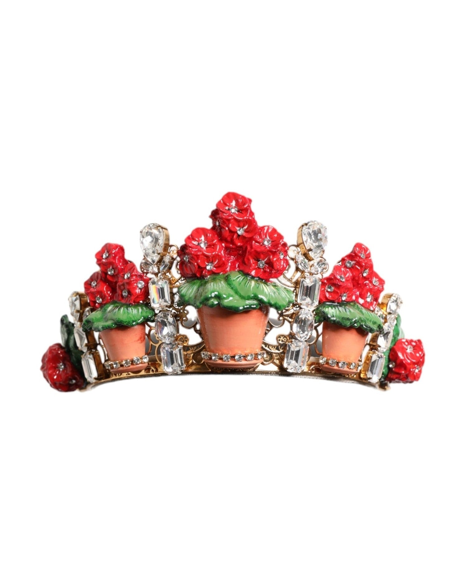 Dolce & Gabbana Red Floral Flowerpot Crystal Gold Crown Tiara Headband Glam Steals
