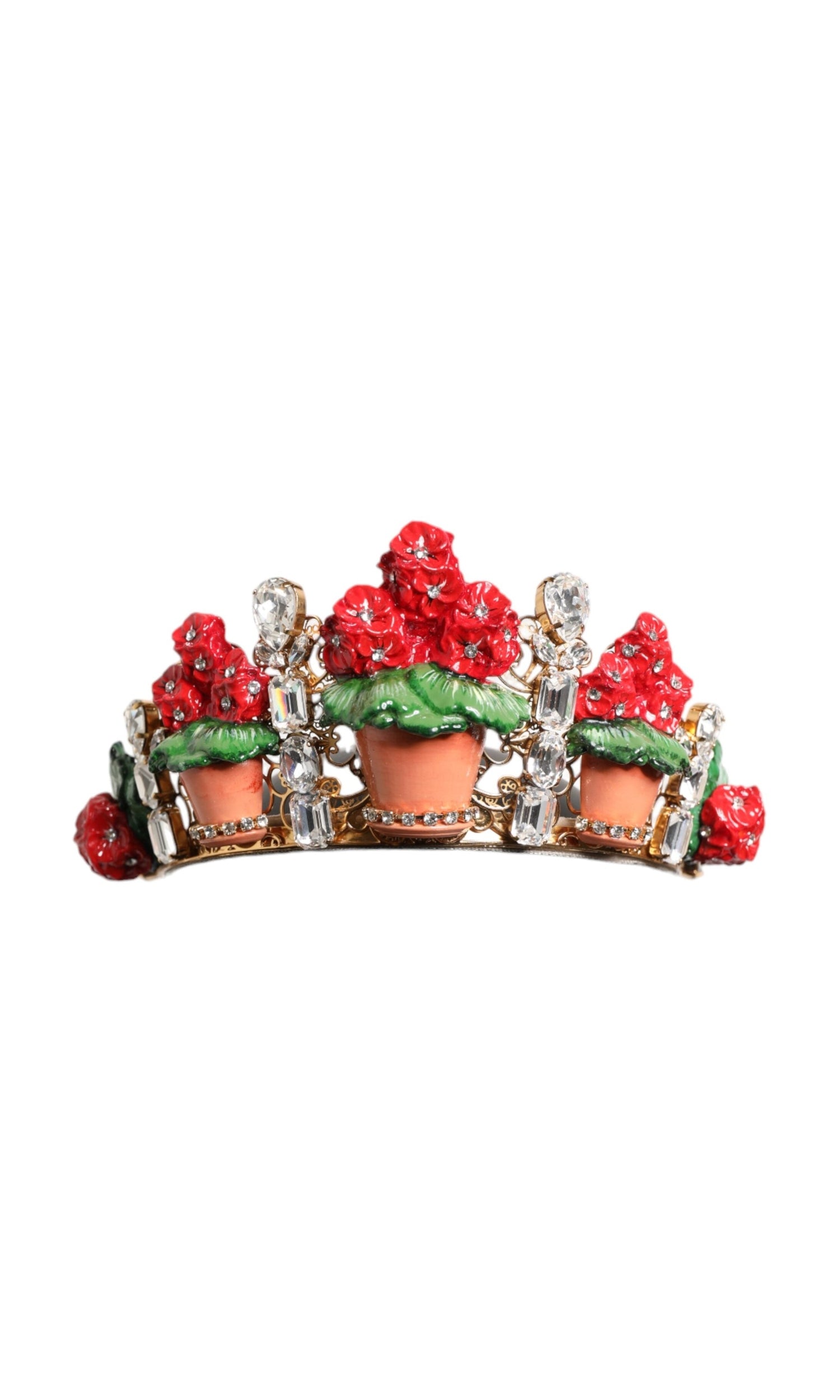 Dolce & Gabbana Red Floral Flowerpot Crystal Gold Crown Tiara Headband Glam Steals
