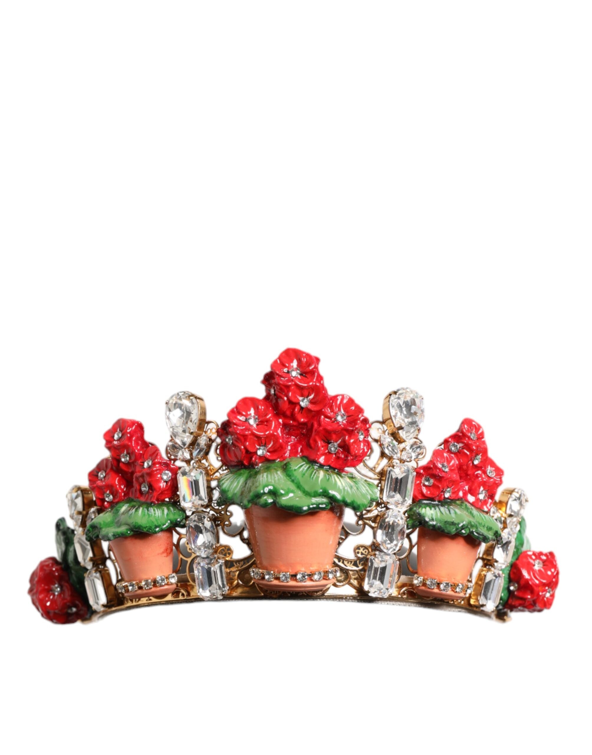 Dolce & Gabbana Red Floral Flowerpot Crystal Gold Crown Tiara Headband Glam Steals