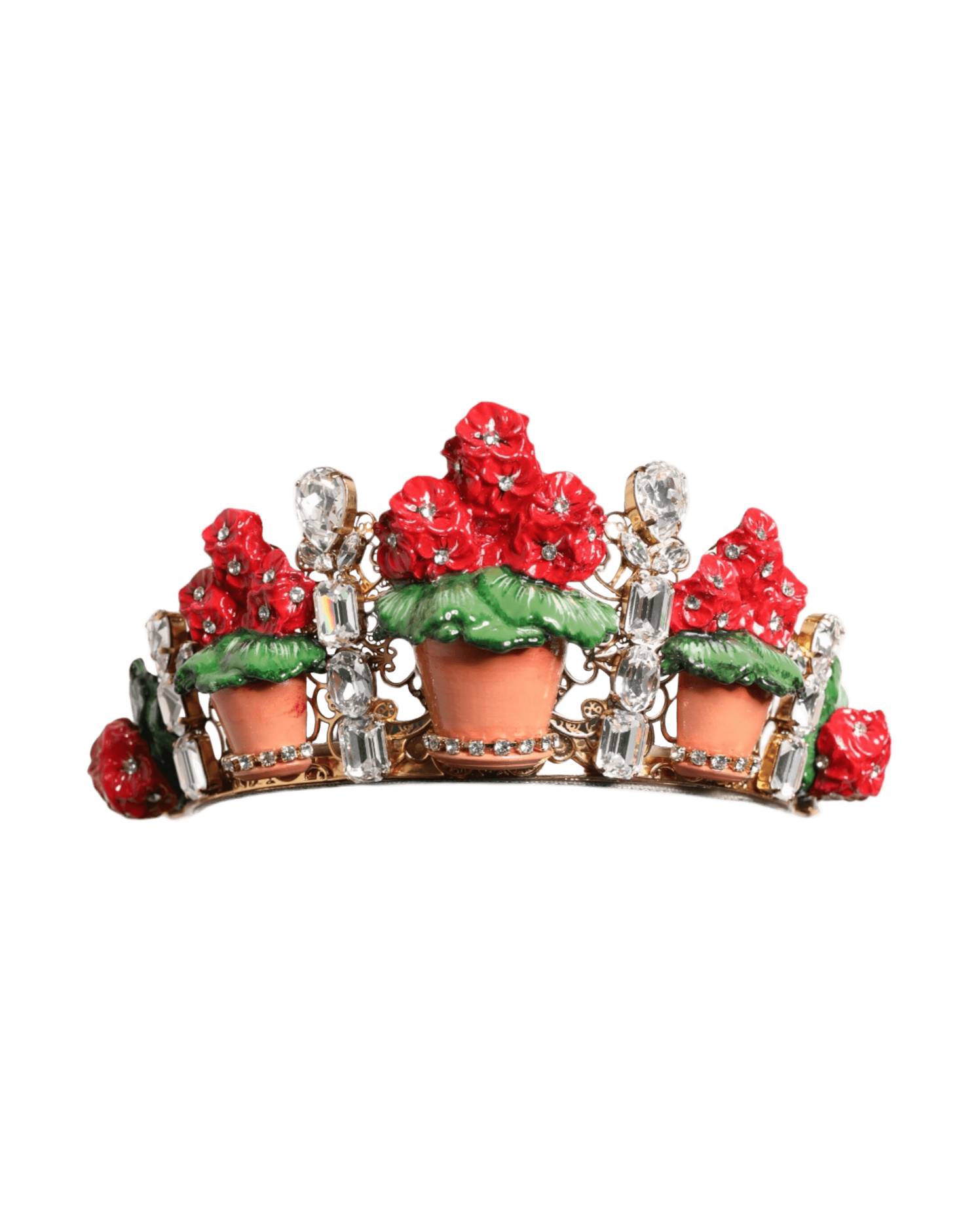 Dolce & Gabbana Red Floral Flowerpot Crystal Gold Crown Tiara Headband Glam Steals