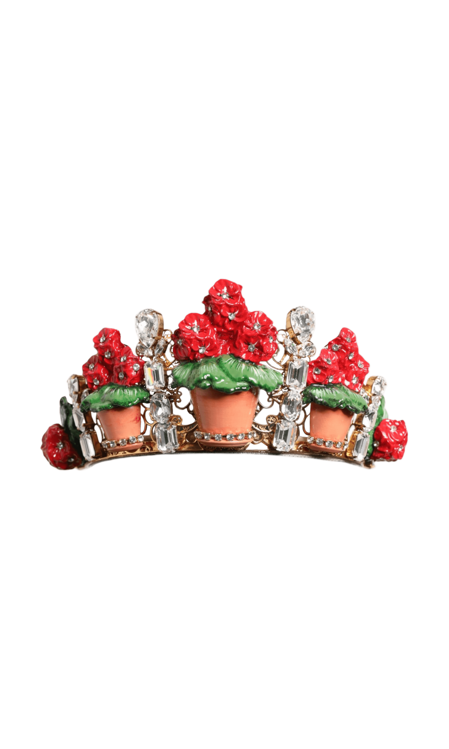 Dolce & Gabbana Red Floral Flowerpot Crystal Gold Crown Tiara Headband Glam Steals