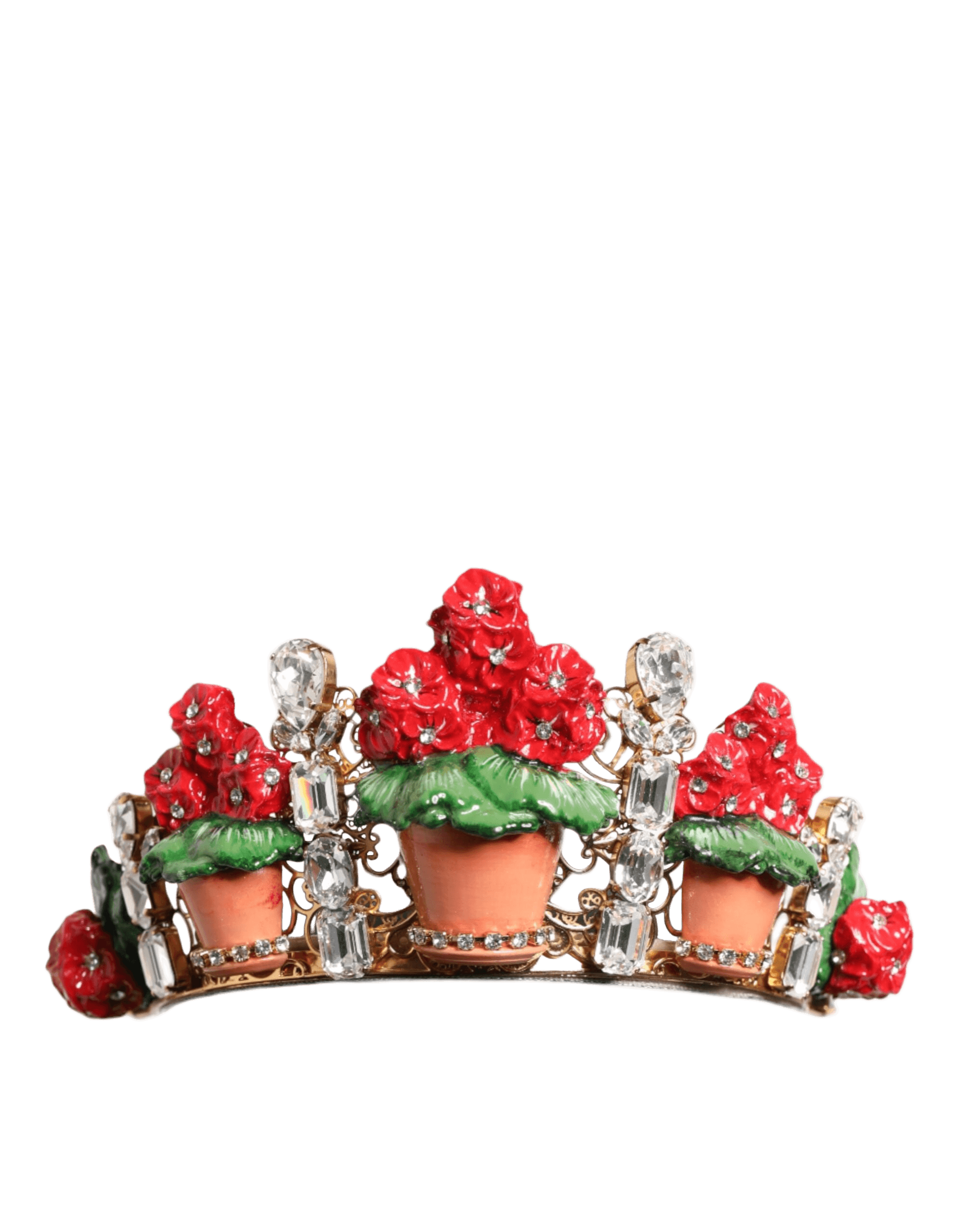 Dolce & Gabbana Red Floral Flowerpot Crystal Gold Crown Tiara Headband Glam Steals