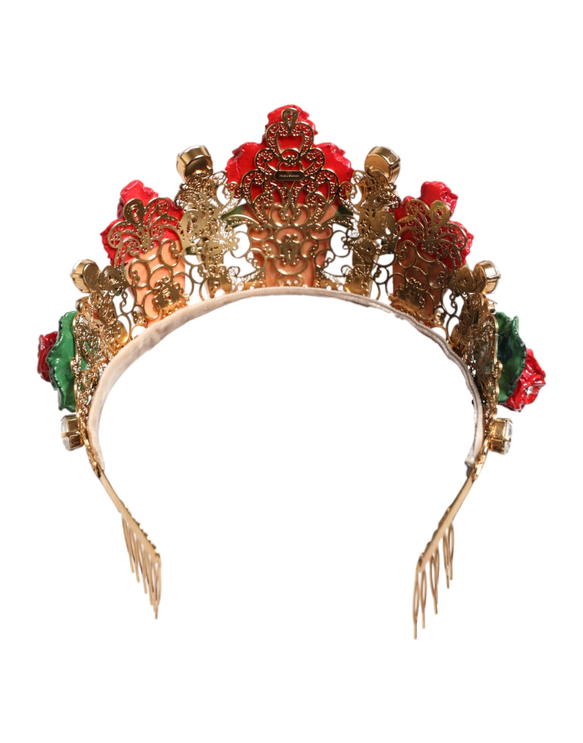 Dolce & Gabbana Red Floral Flowerpot Crystal Gold Crown Tiara Headband Glam Steals