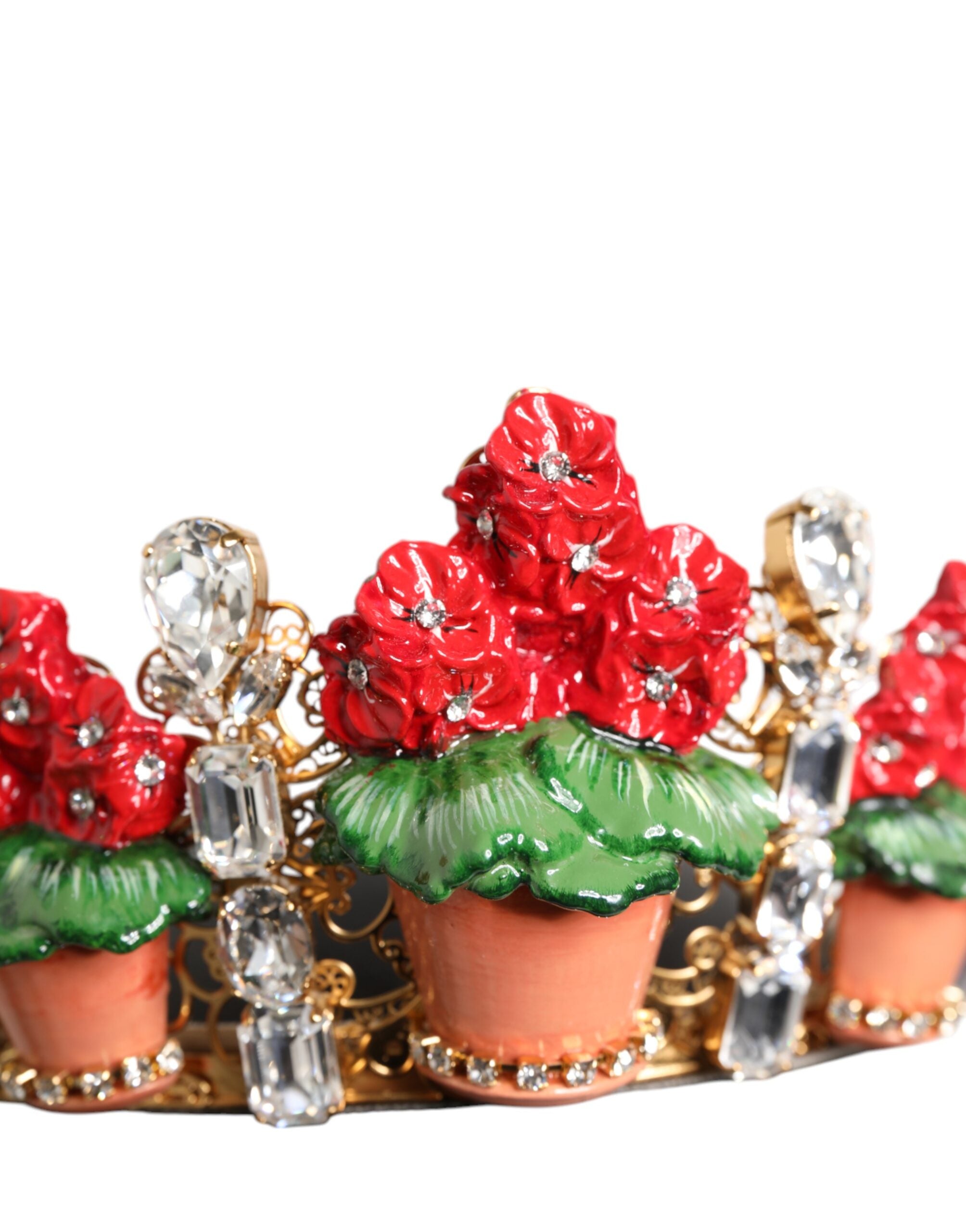 Dolce & Gabbana Red Floral Flowerpot Crystal Gold Crown Tiara Headband Glam Steals