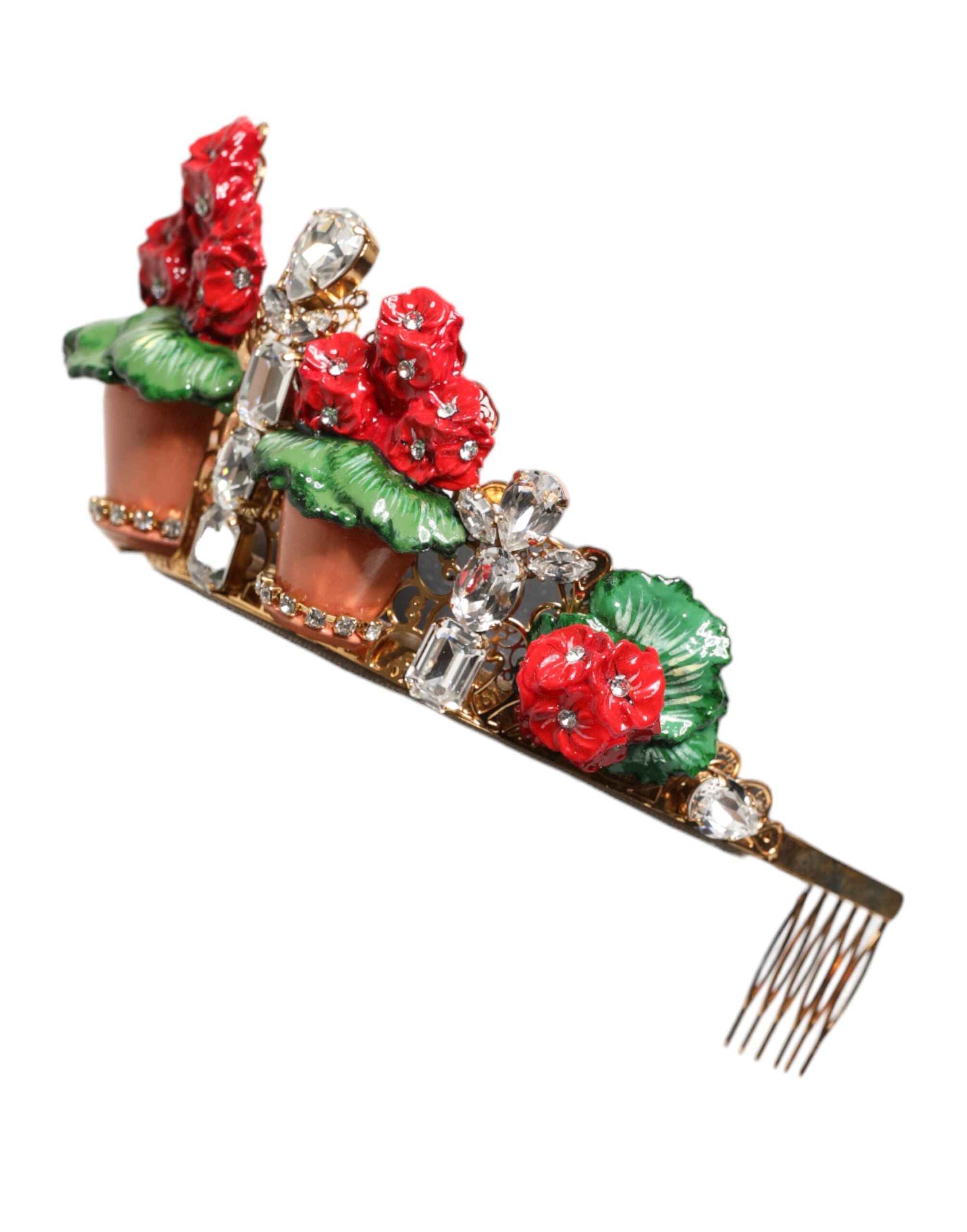 Dolce & Gabbana Red Floral Flowerpot Crystal Gold Crown Tiara Headband Glam Steals