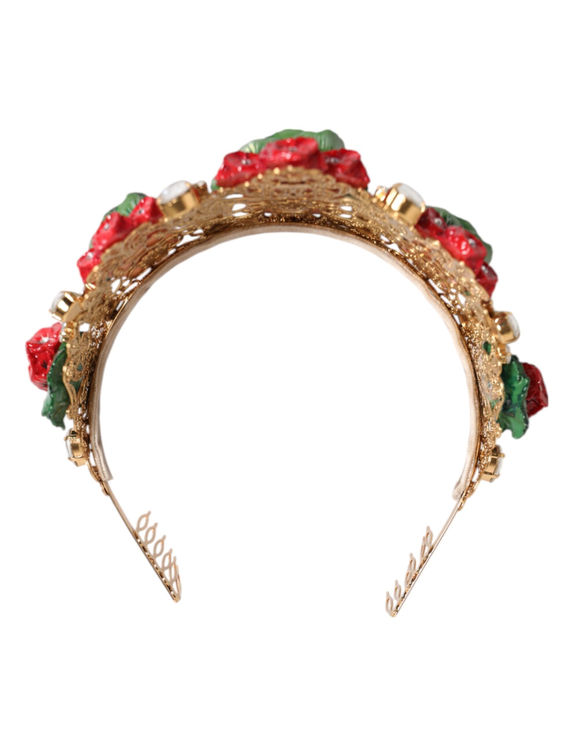 Dolce & Gabbana Red Floral Flowerpot Crystal Gold Crown Tiara Headband Glam Steals