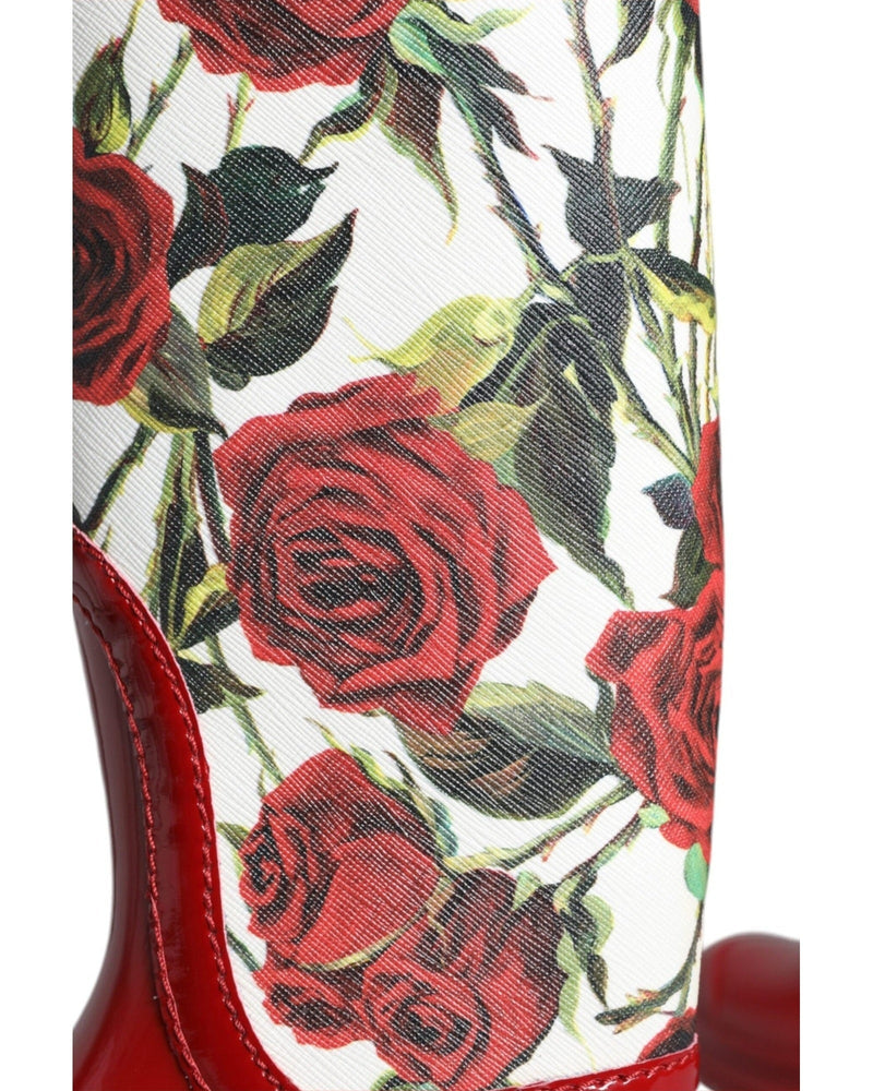 Dolce & Gabbana Red Floral Rubber Knee High Flat Boots Shoes Boots