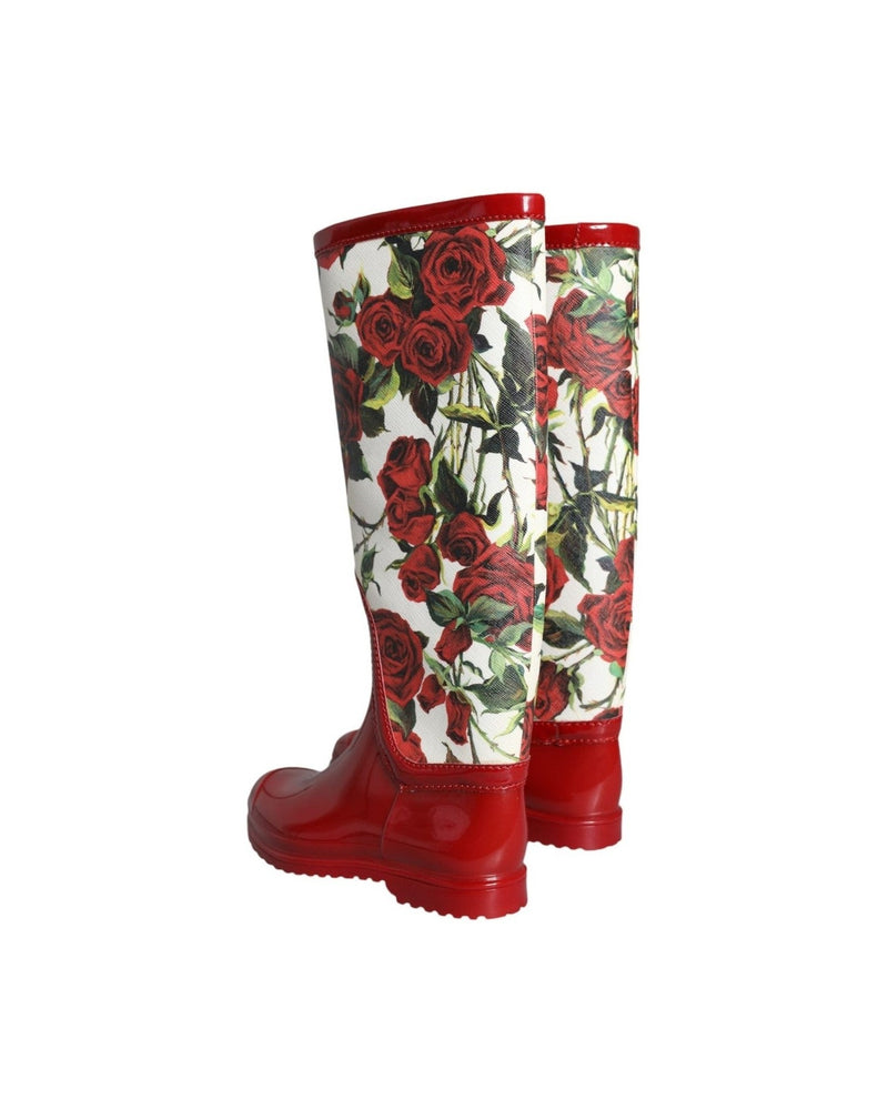 Dolce & Gabbana Red Floral Rubber Knee High Flat Boots Shoes Boots