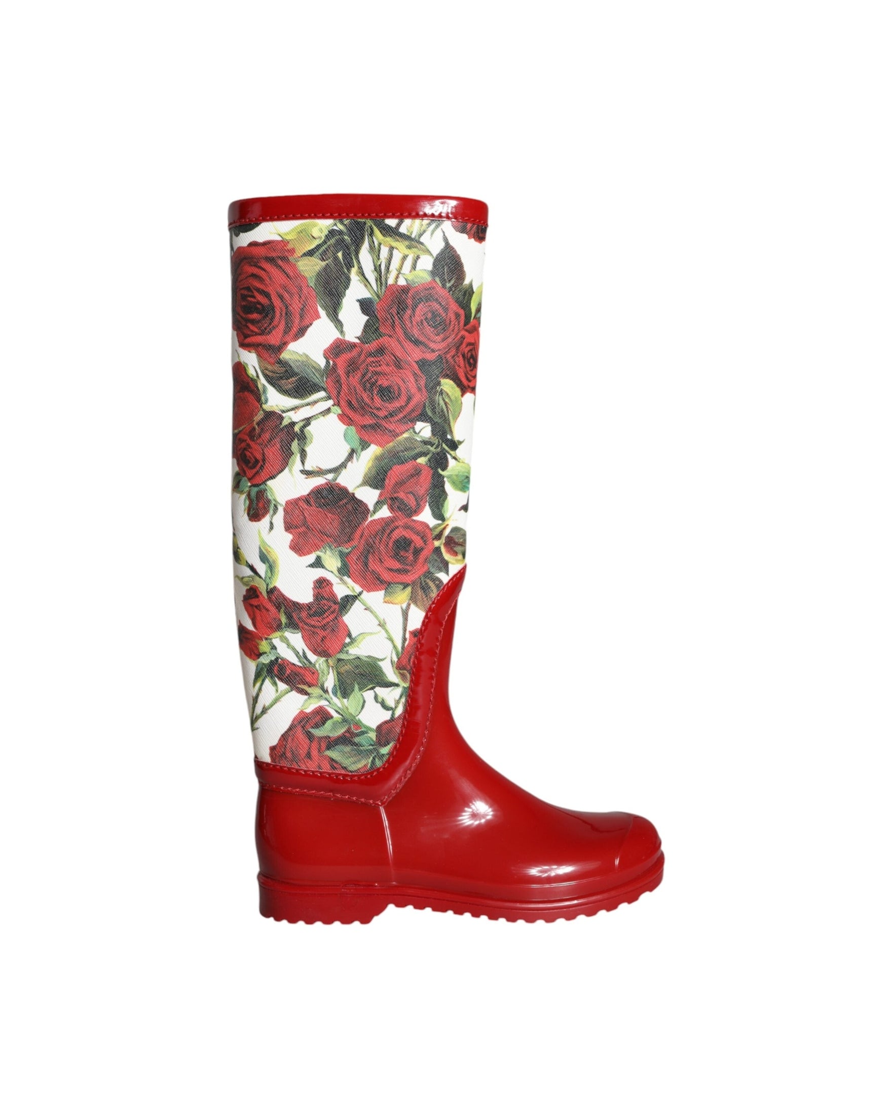 Dolce & Gabbana Red Floral Rubber Knee High Flat Boots Shoes Glam Steals