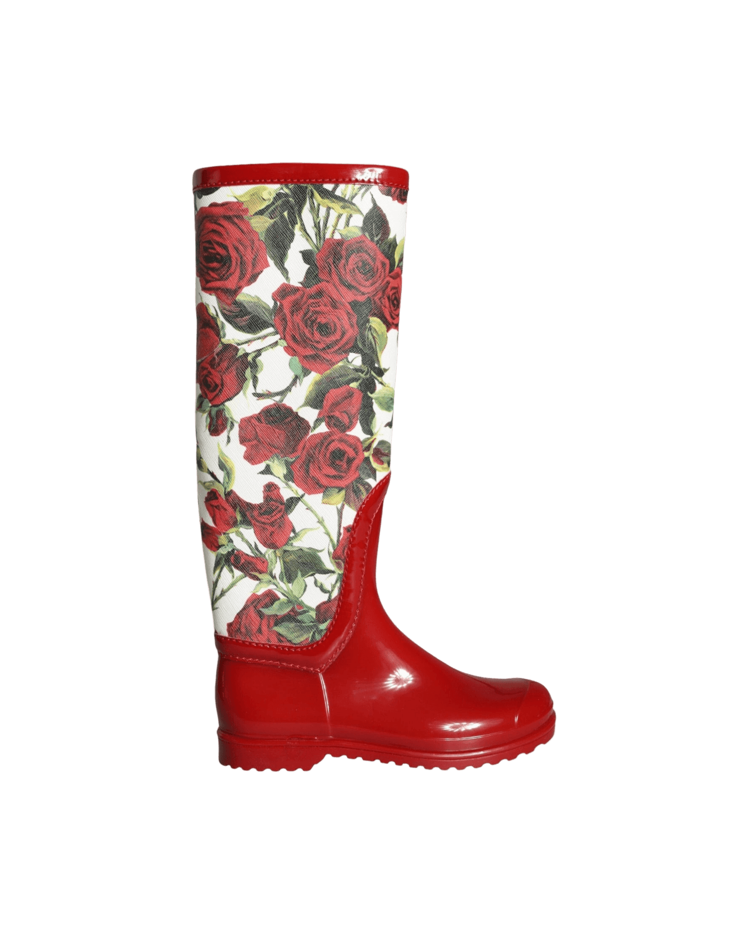 Dolce & Gabbana Red Floral Rubber Knee High Flat Boots Shoes Glam Steals
