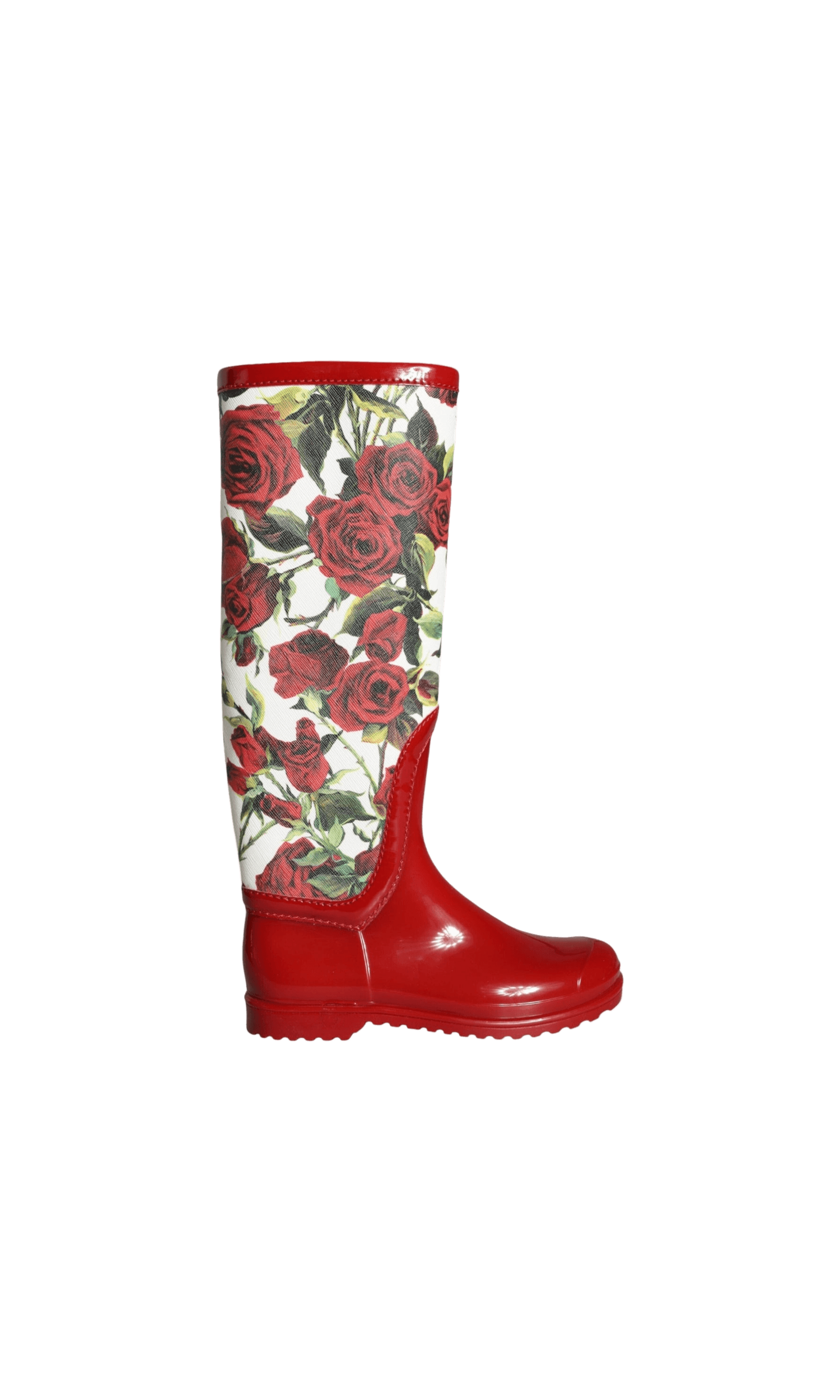 Dolce & Gabbana Red Floral Rubber Knee High Flat Boots Shoes Glam Steals