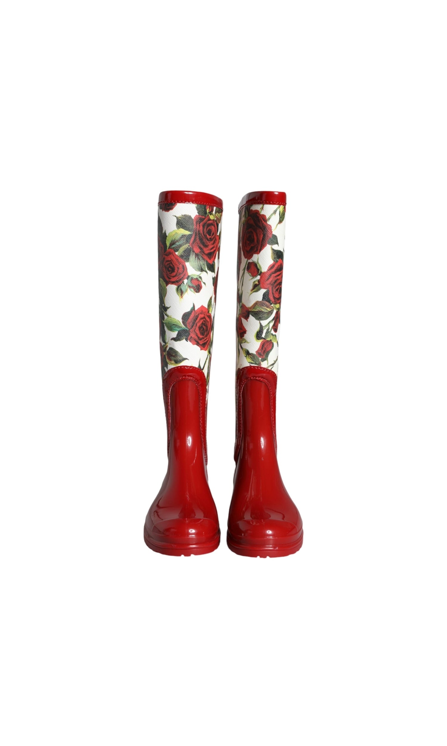 Dolce & Gabbana Red Floral Rubber Knee High Flat Boots Shoes Glam Steals