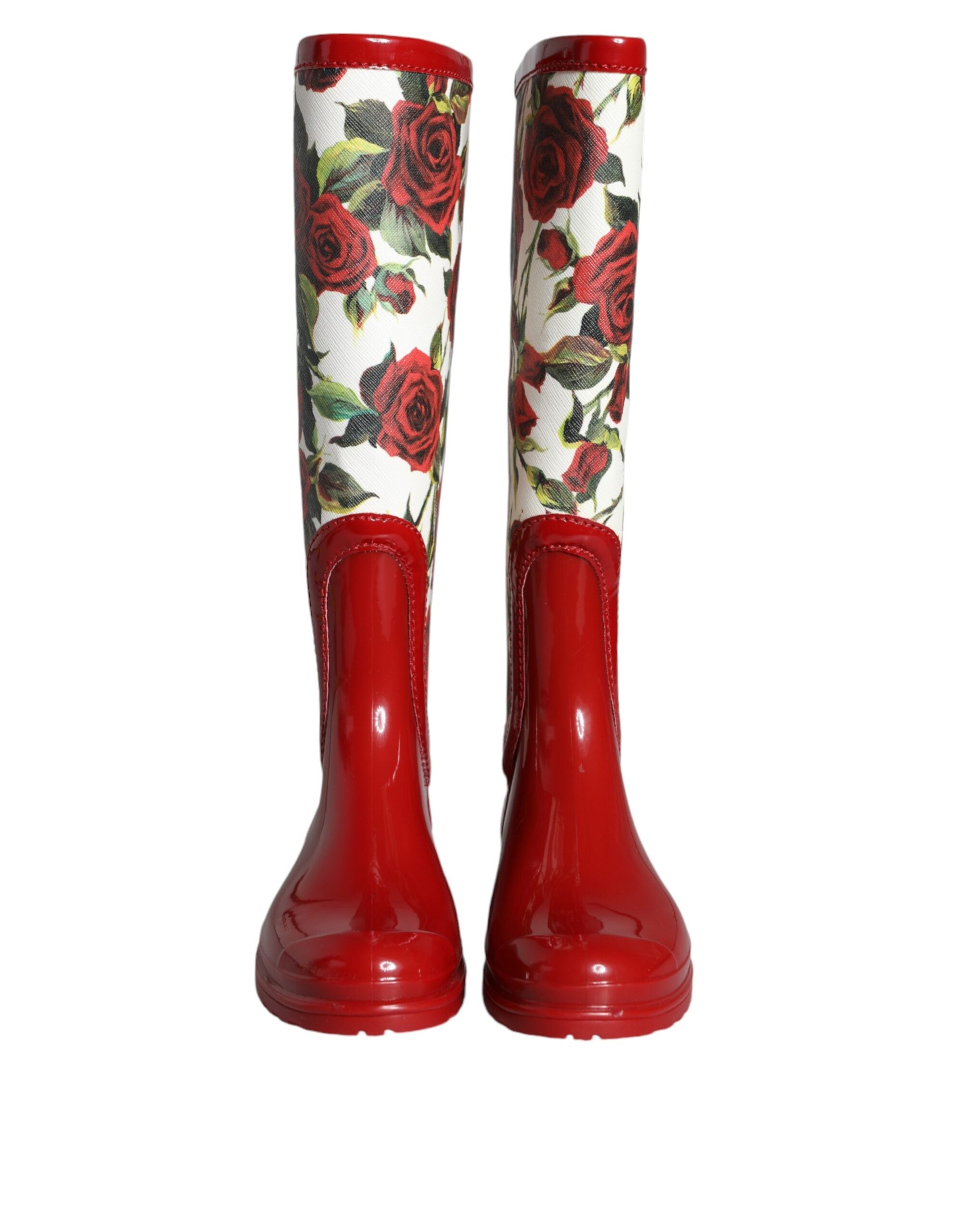 Dolce & Gabbana Red Floral Rubber Knee High Flat Boots Shoes Glam Steals