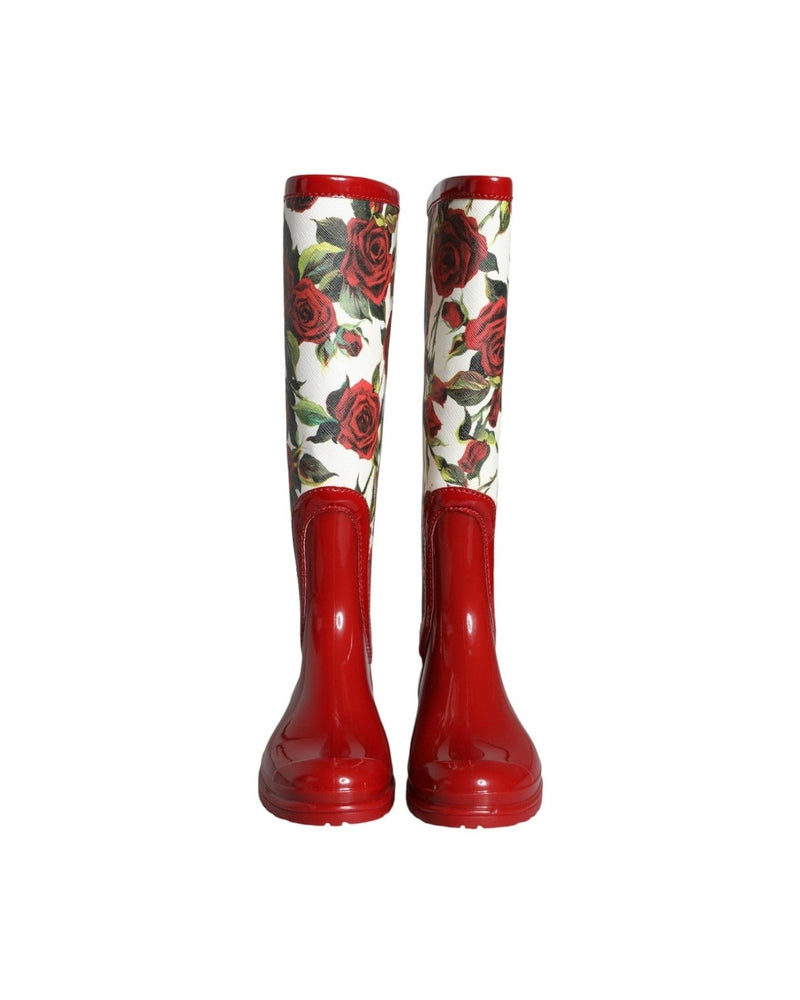 Dolce & Gabbana Red Floral Rubber Knee High Flat Boots Shoes Glam Steals