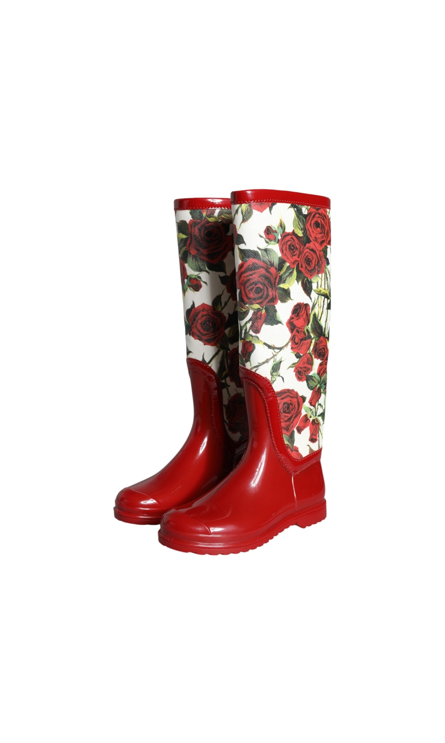 Dolce & Gabbana Red Floral Rubber Knee High Flat Boots Shoes Glam Steals