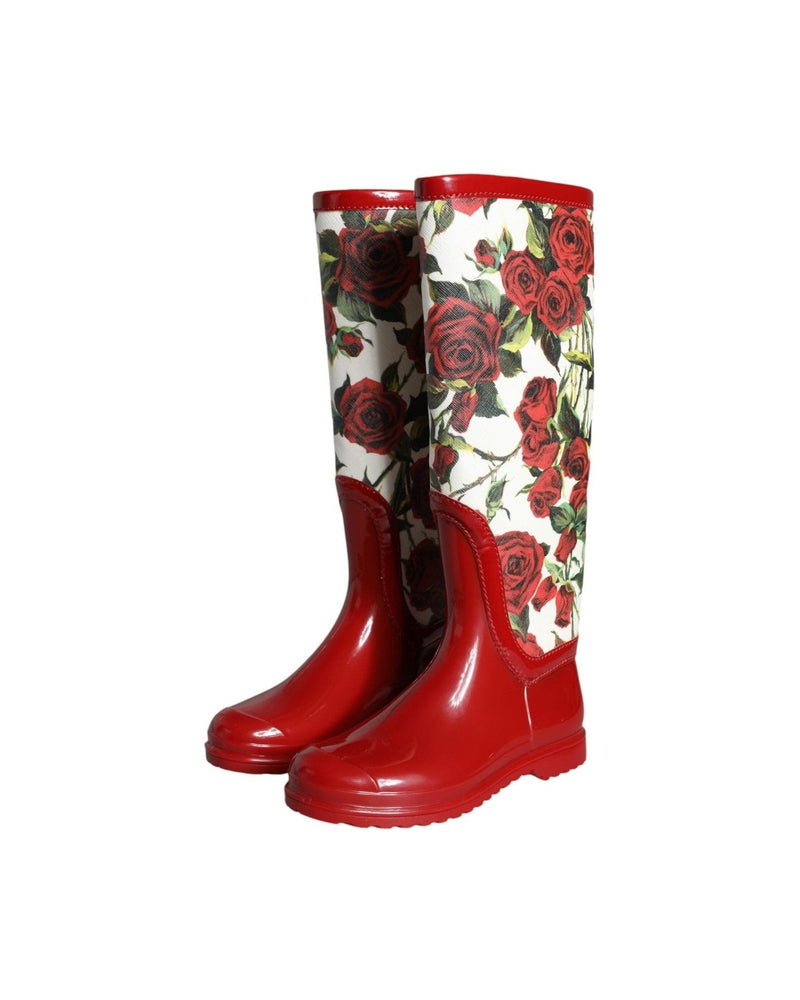 Dolce & Gabbana Red Floral Rubber Knee High Flat Boots Shoes Glam Steals