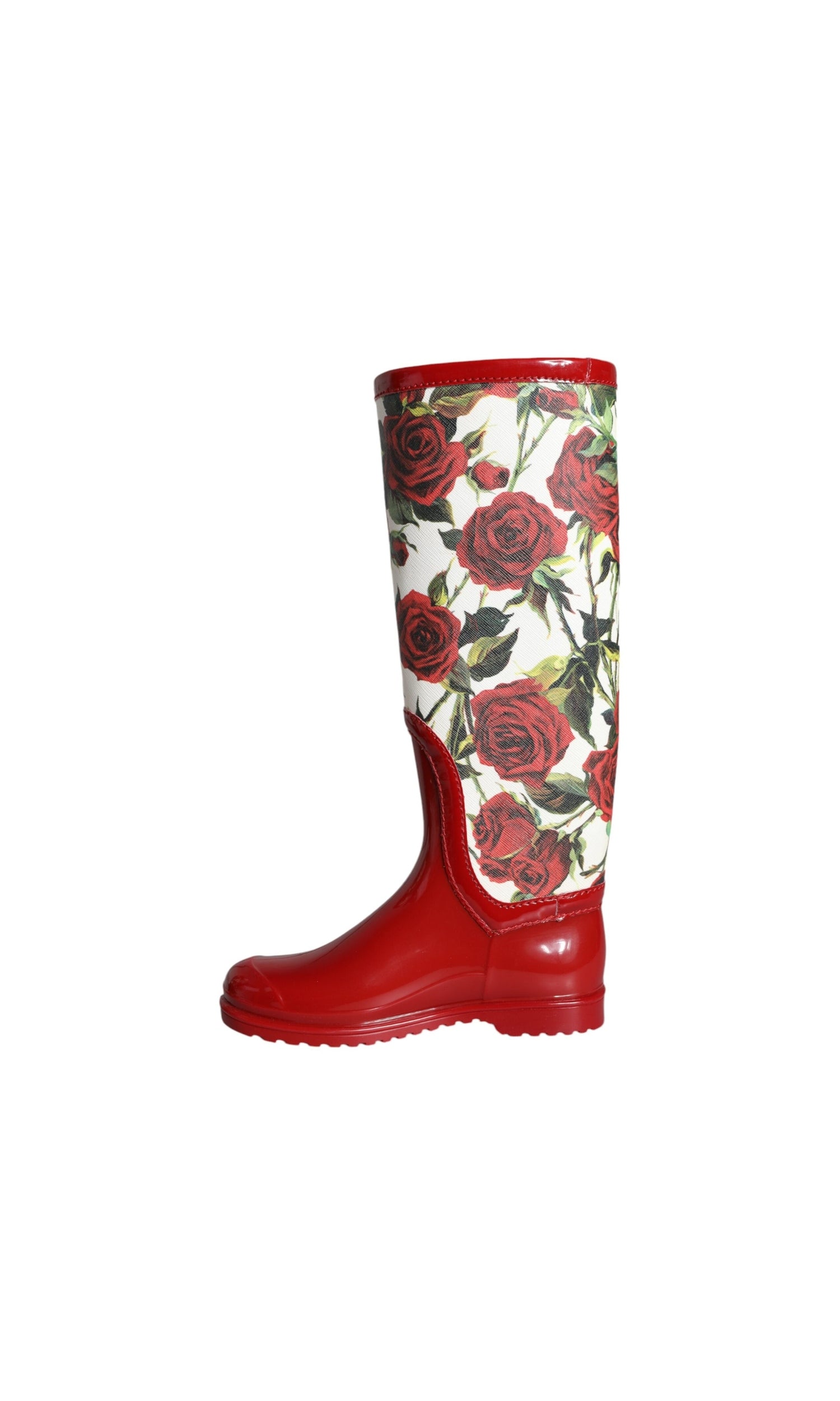 Dolce & Gabbana Red Floral Rubber Knee High Flat Boots Shoes Glam Steals