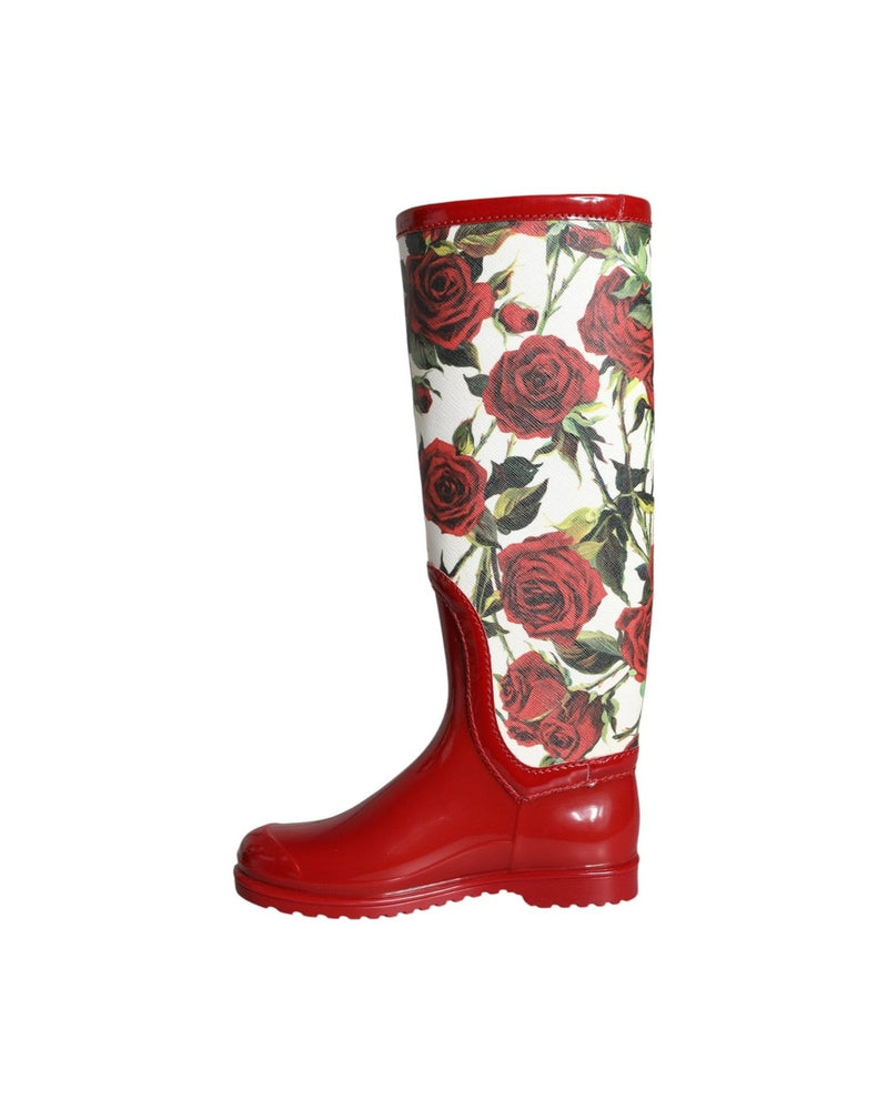 Dolce & Gabbana Red Floral Rubber Knee High Flat Boots Shoes Glam Steals