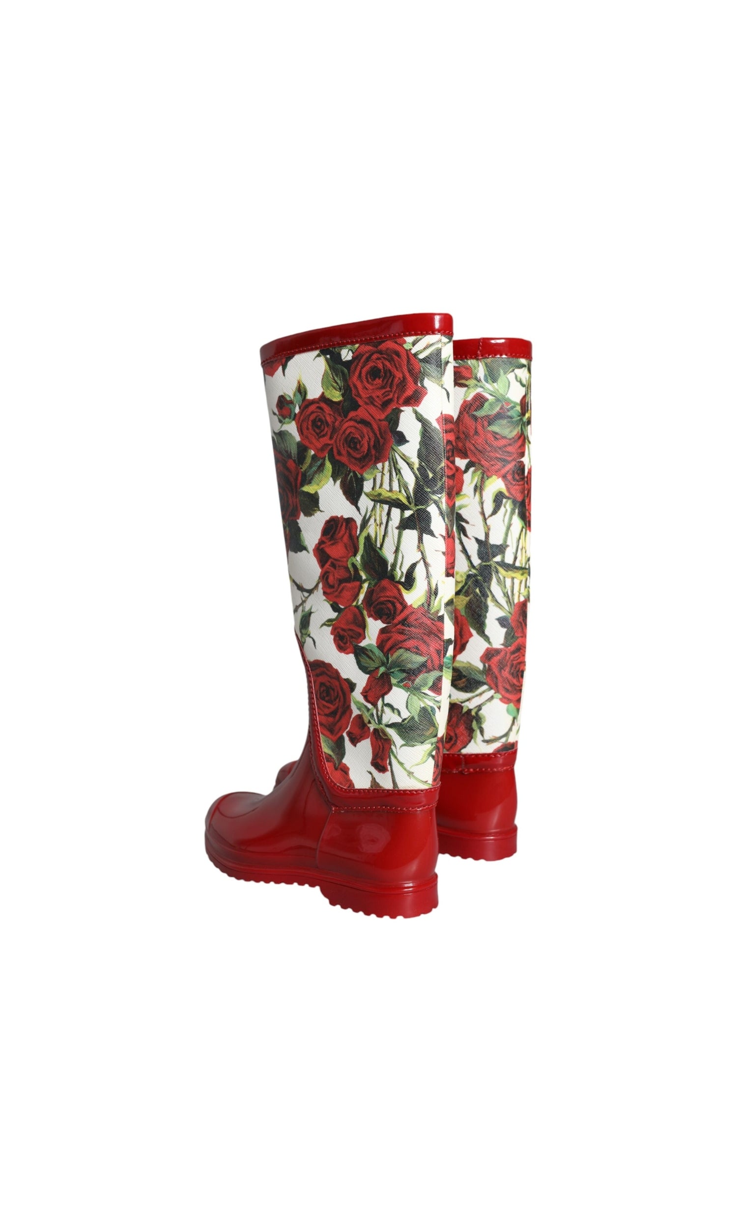 Dolce & Gabbana Red Floral Rubber Knee High Flat Boots Shoes Glam Steals