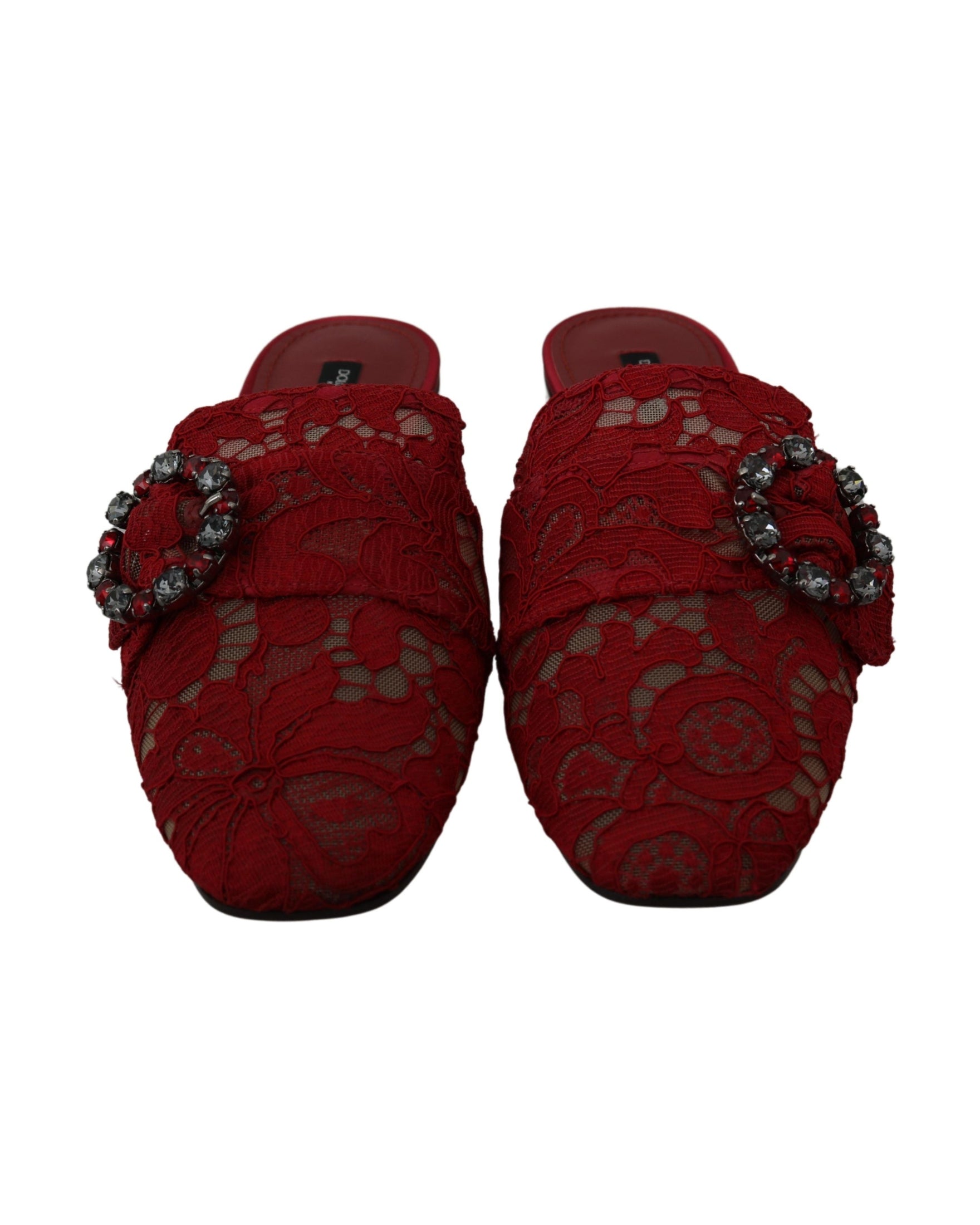 Dolce & Gabbana Red Lace Crystal Slide On Flats Shoes Glam Steals