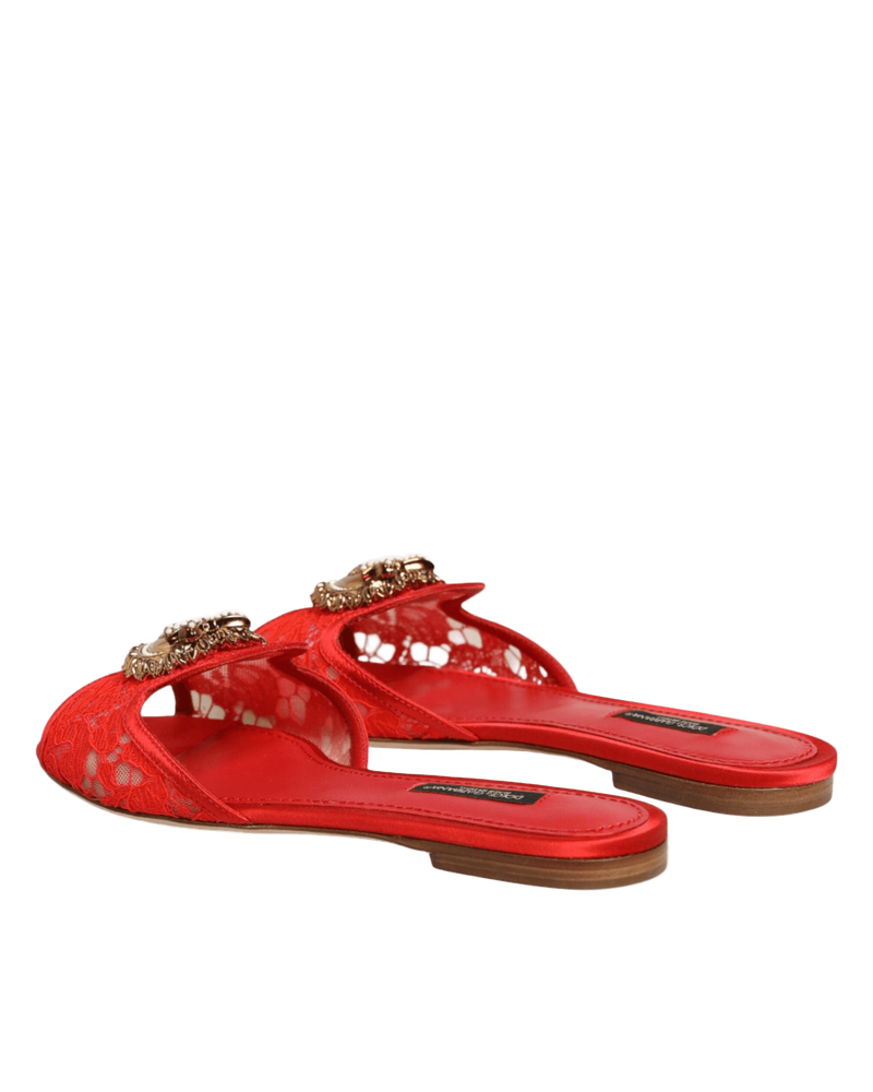 Dolce & Gabbana Red Lace Devotion Flats Slip On Sandals Shoes Glam Steals