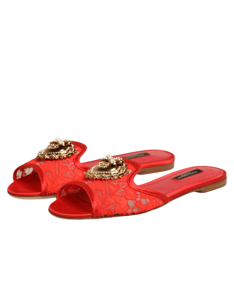 Dolce & Gabbana Red Lace Devotion Flats Slip On Sandals Shoes Glam Steals
