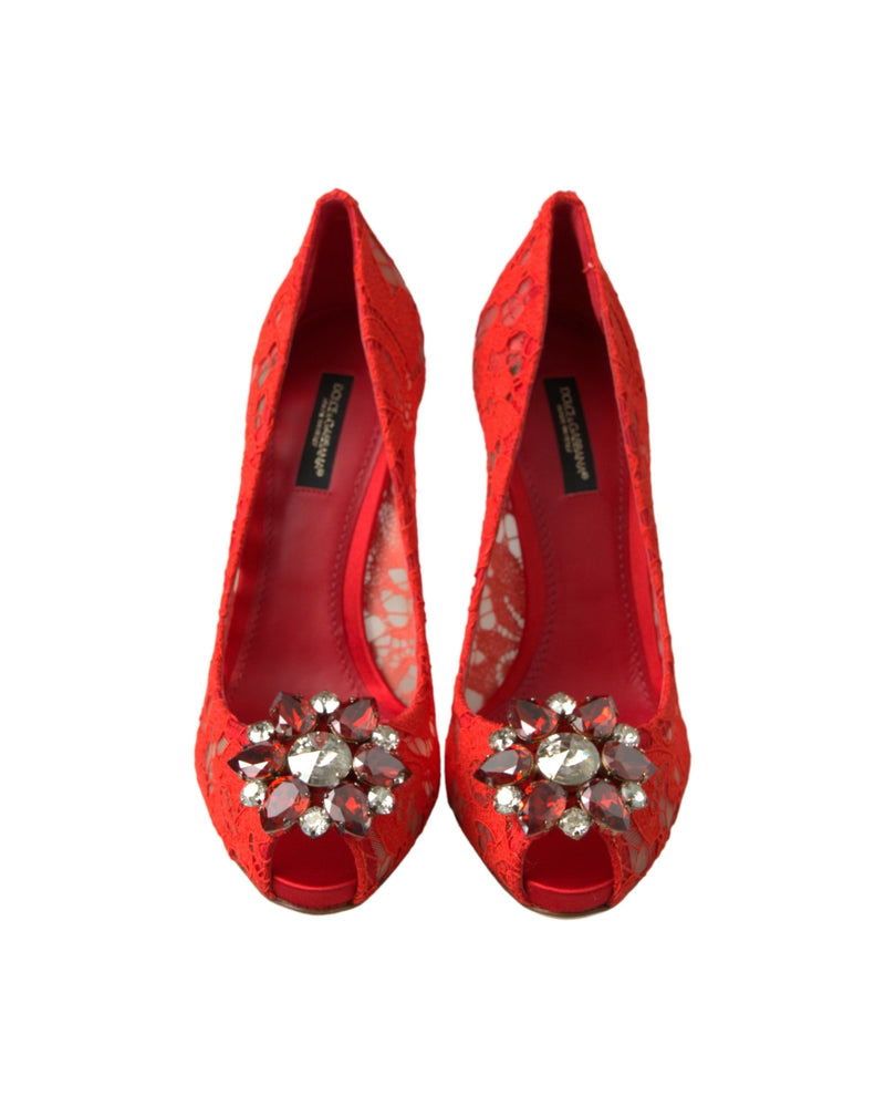 Dolce & Gabbana Red Lace Taormina Crystal Heels Pumps Shoes Glam Steals