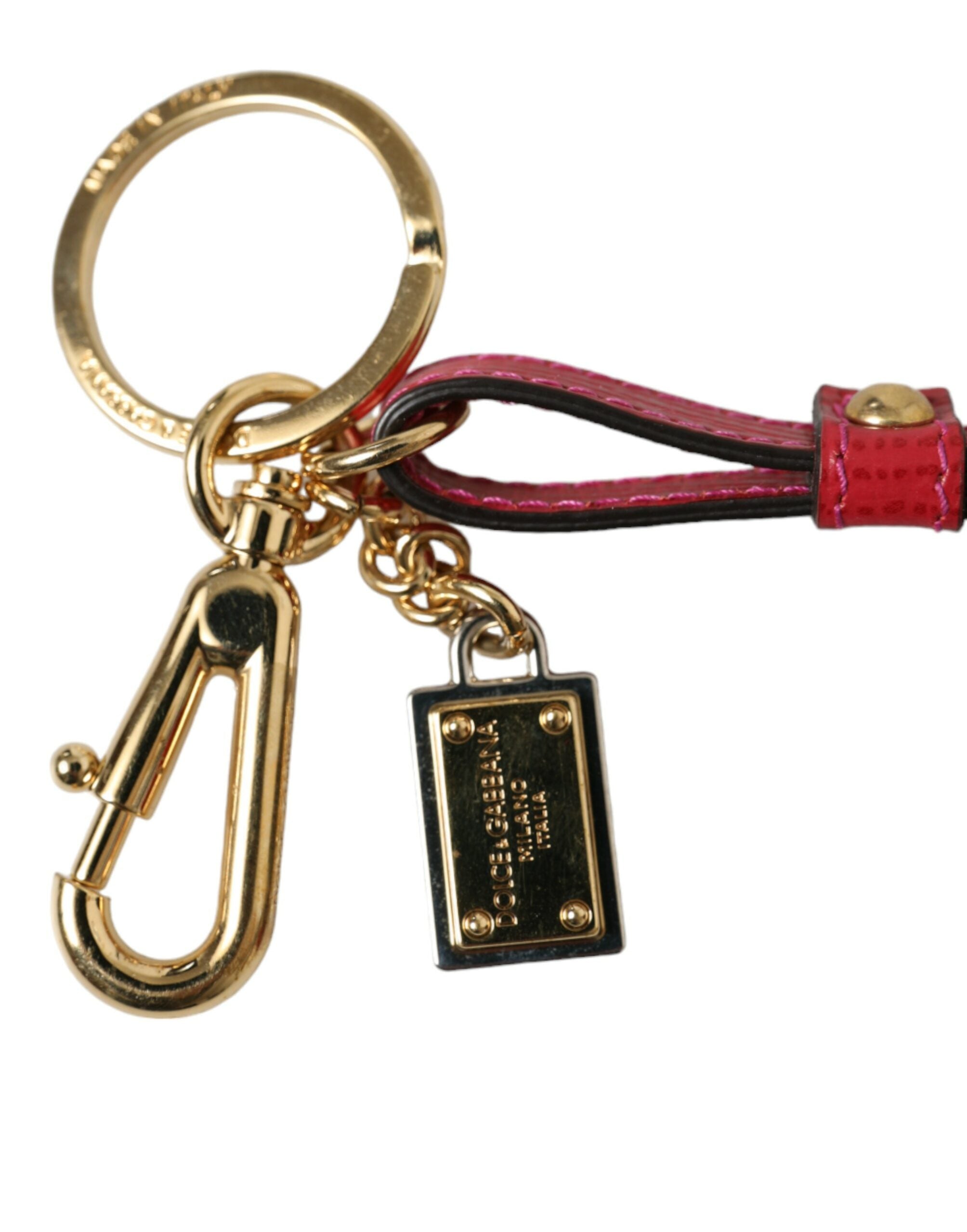 Dolce & Gabbana Red Leather Calf Gold Metal Logo Plaque Keyring Keychain Glam Steals