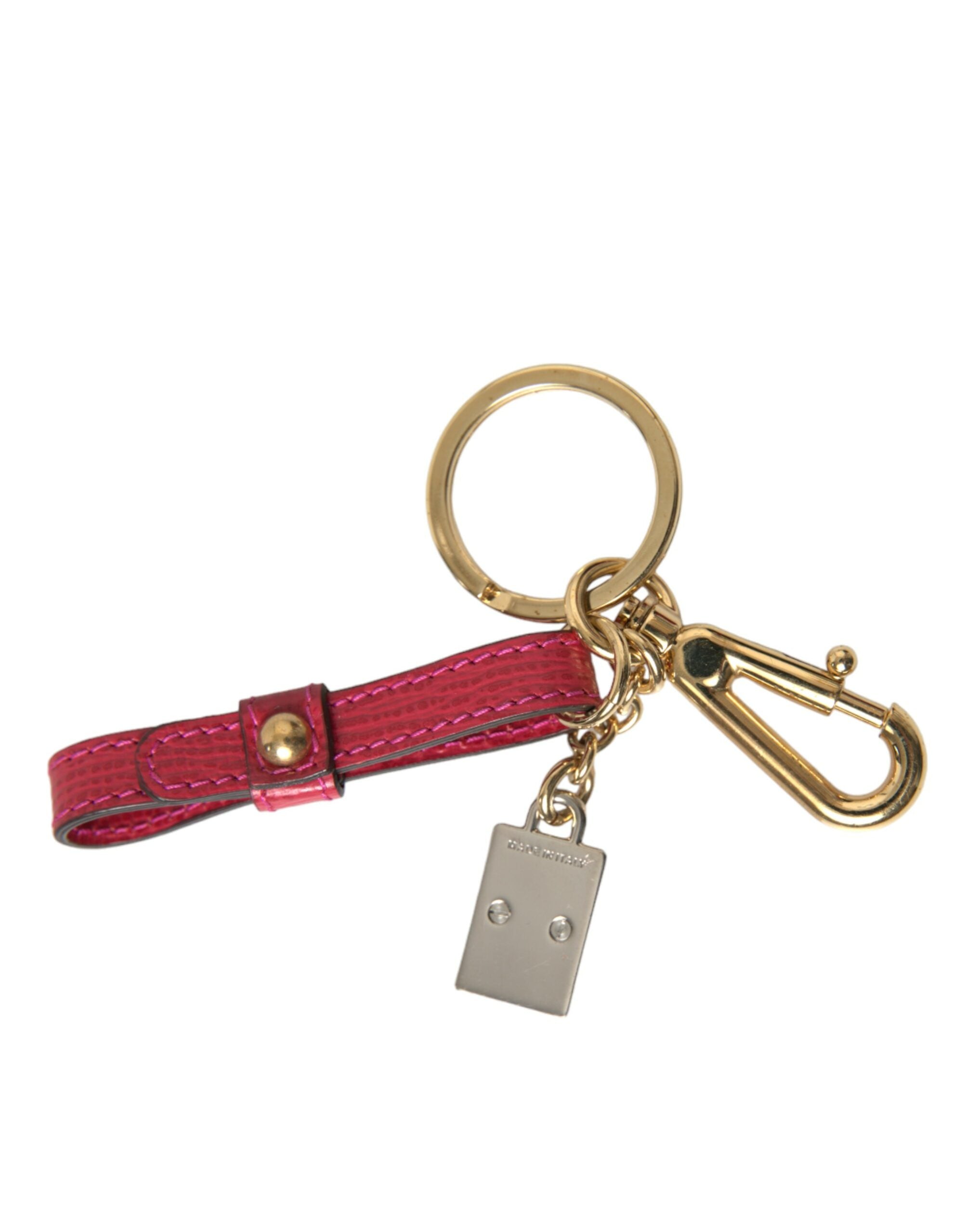 Dolce & Gabbana Red Leather Calf Gold Metal Logo Plaque Keyring Keychain Glam Steals