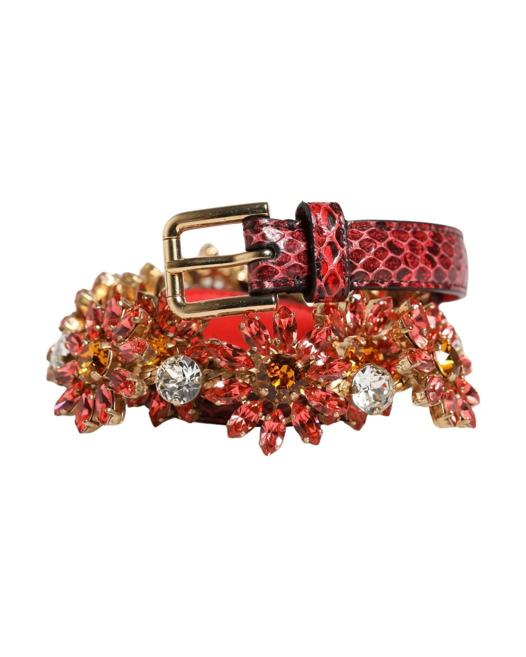 Dolce & Gabbana Red Leather Daisy Crystal Embellished Waist Belt 