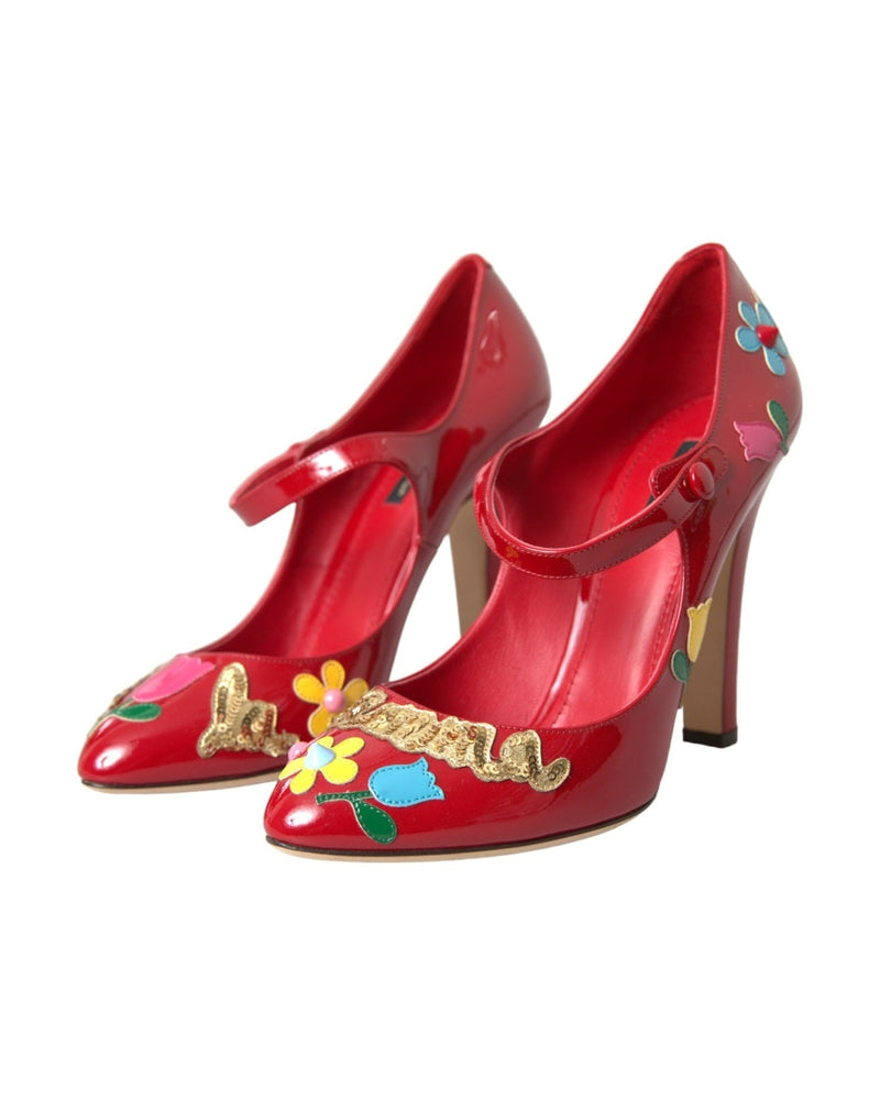 Dolce & Gabbana Red Leather Embellished Mary Jane Pumps Heels Shoes Glam Steals