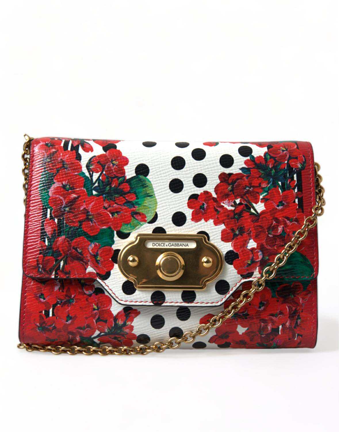 Dolce & Gabbana Red Leather Floral Polka Dot Print Chain Dg Logo Shoulder Bag Glam Steals