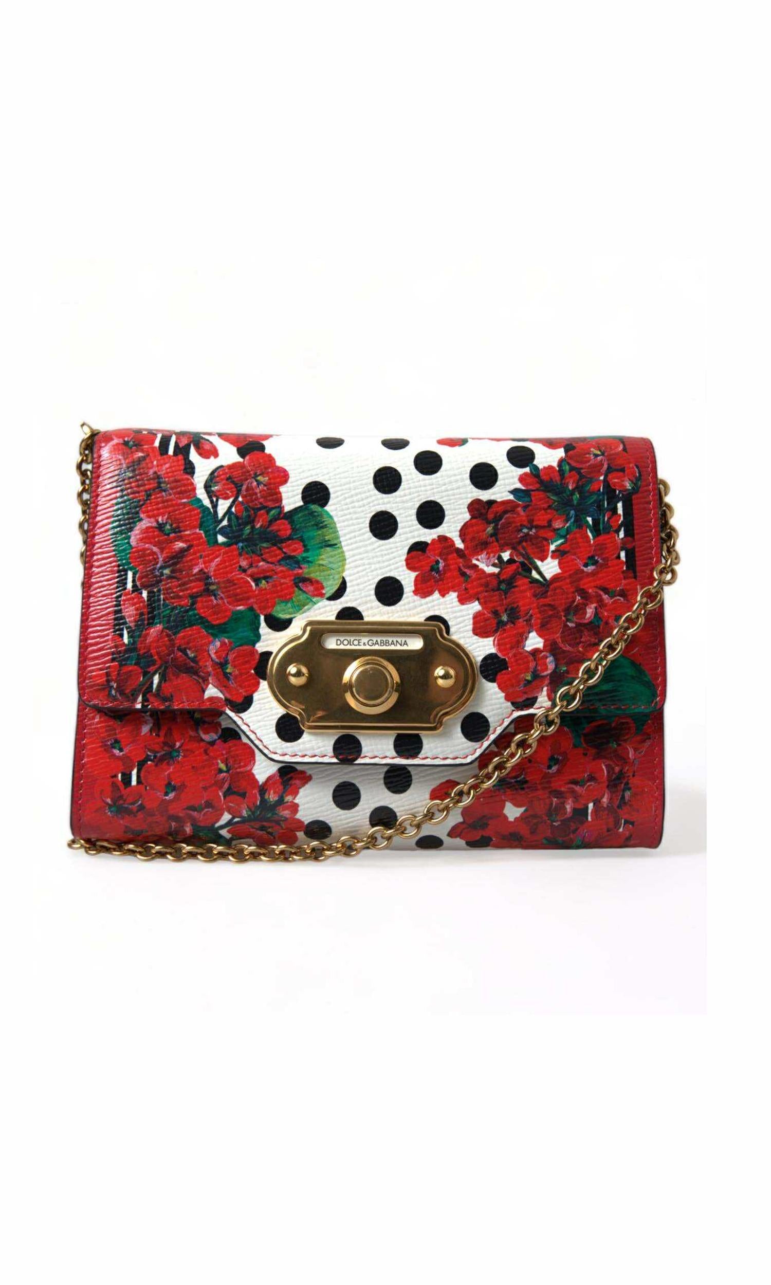 Dolce & Gabbana Red Leather Floral Polka Dot Print Chain Dg Logo Shoulder Bag Glam Steals