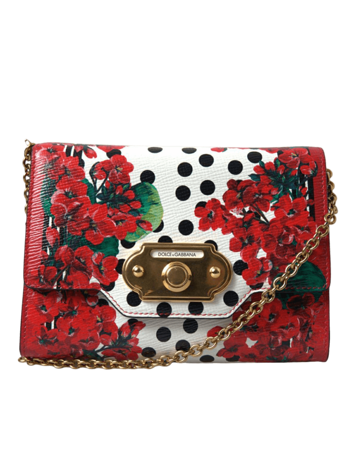 Dolce & Gabbana Red Leather Floral Polka Dot Print Chain Dg Logo Shoulder Bag