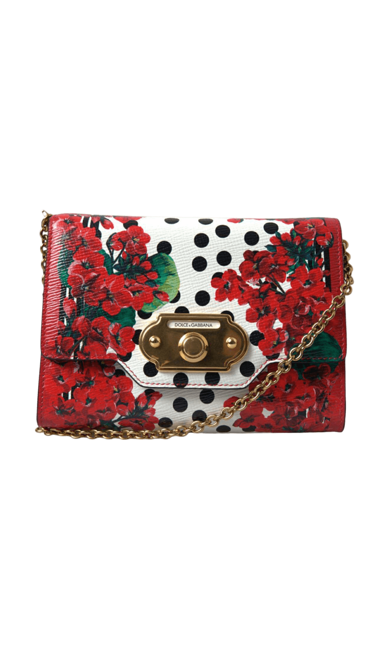 Dolce & Gabbana Red Leather Floral Polka Dot Print Chain Dg Logo Shoulder Bag Glam Steals