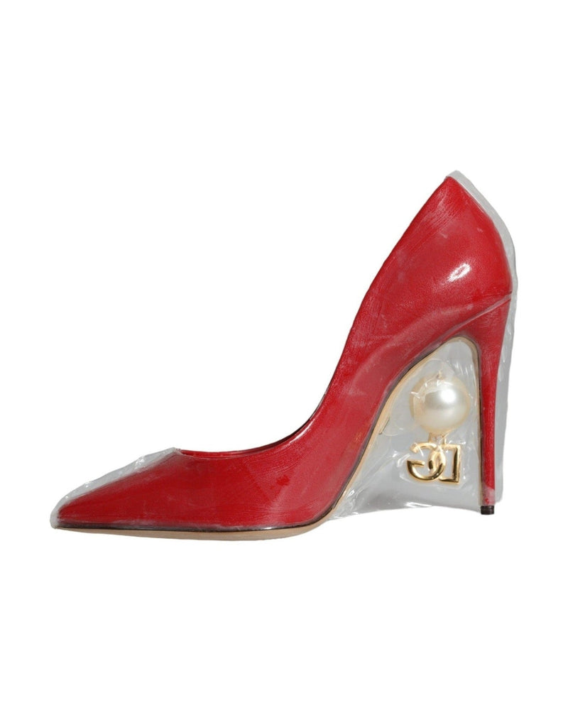 Dolce & Gabbana Red Patent Leather Faux Pearl Heels Pumps Shoes Heels
