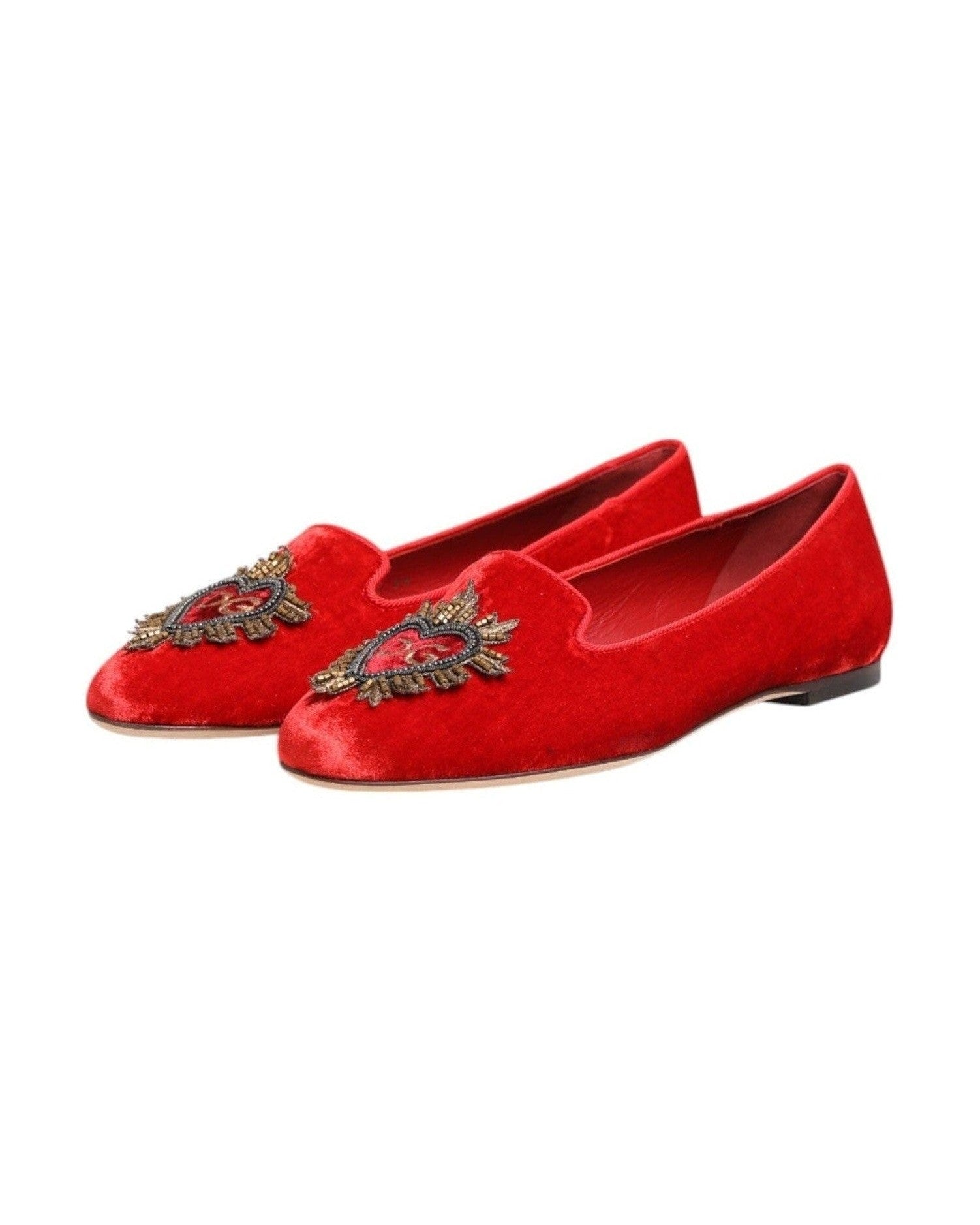 Dolce & Gabbana Red Velvet Dg Heart Loafers Flat Shoes Shoes
