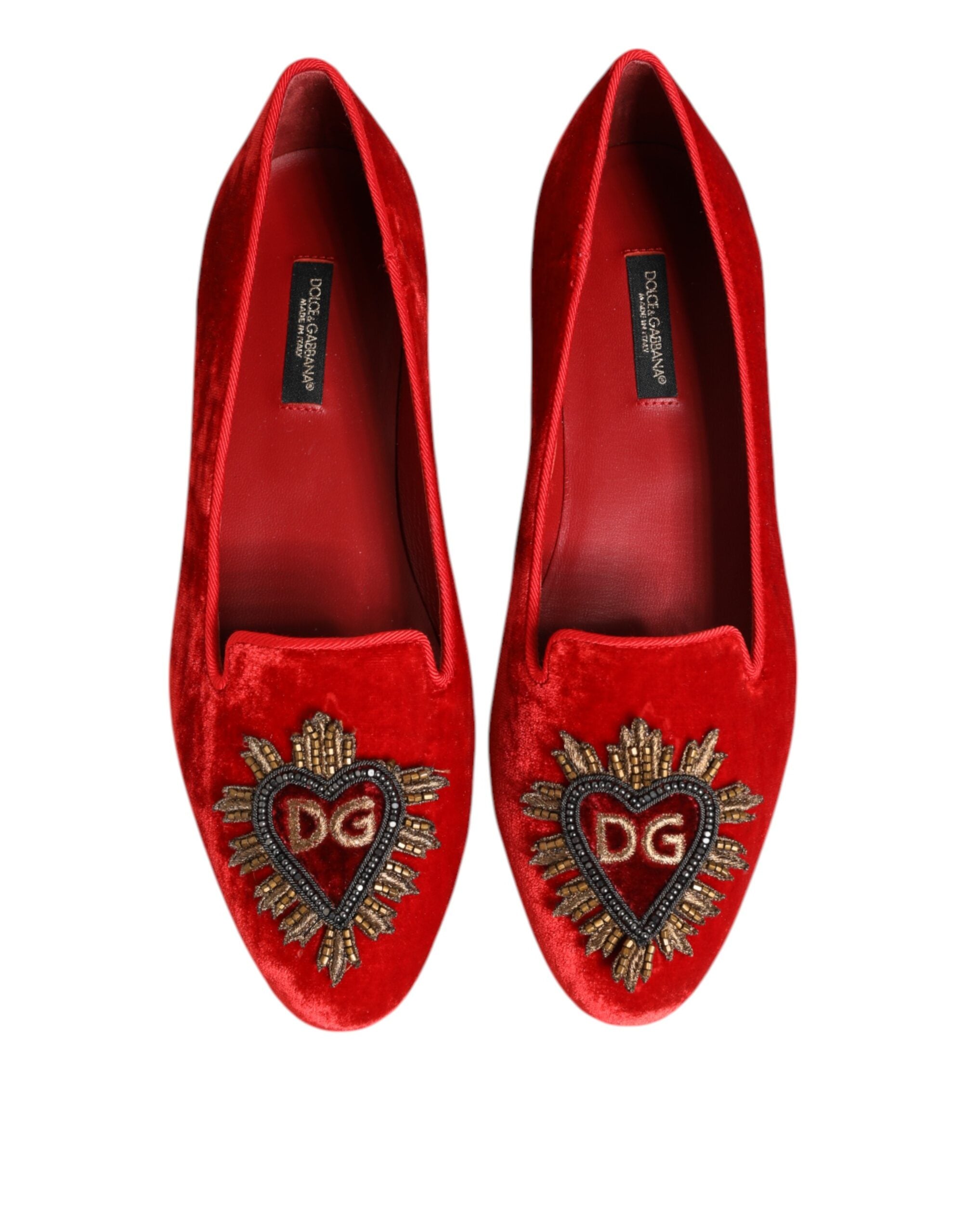 Dolce & Gabbana Red Velvet Dg Heart Loafers Flat Shoes Glam Steals