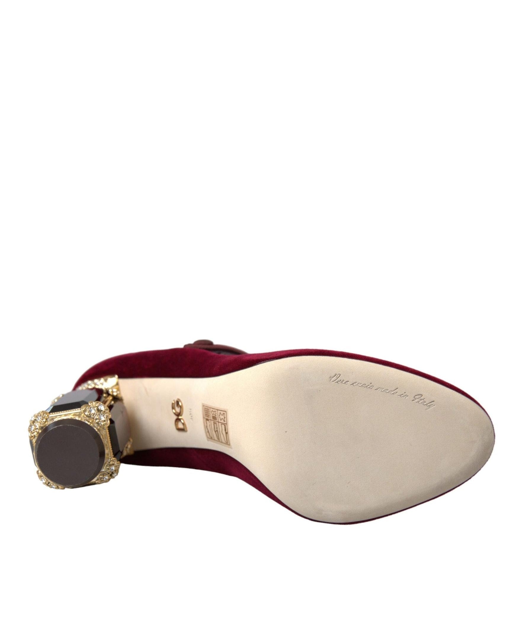 Dolce & Gabbana Red Velvet Gold Crystals Heels Mary Jane Shoes Heels
