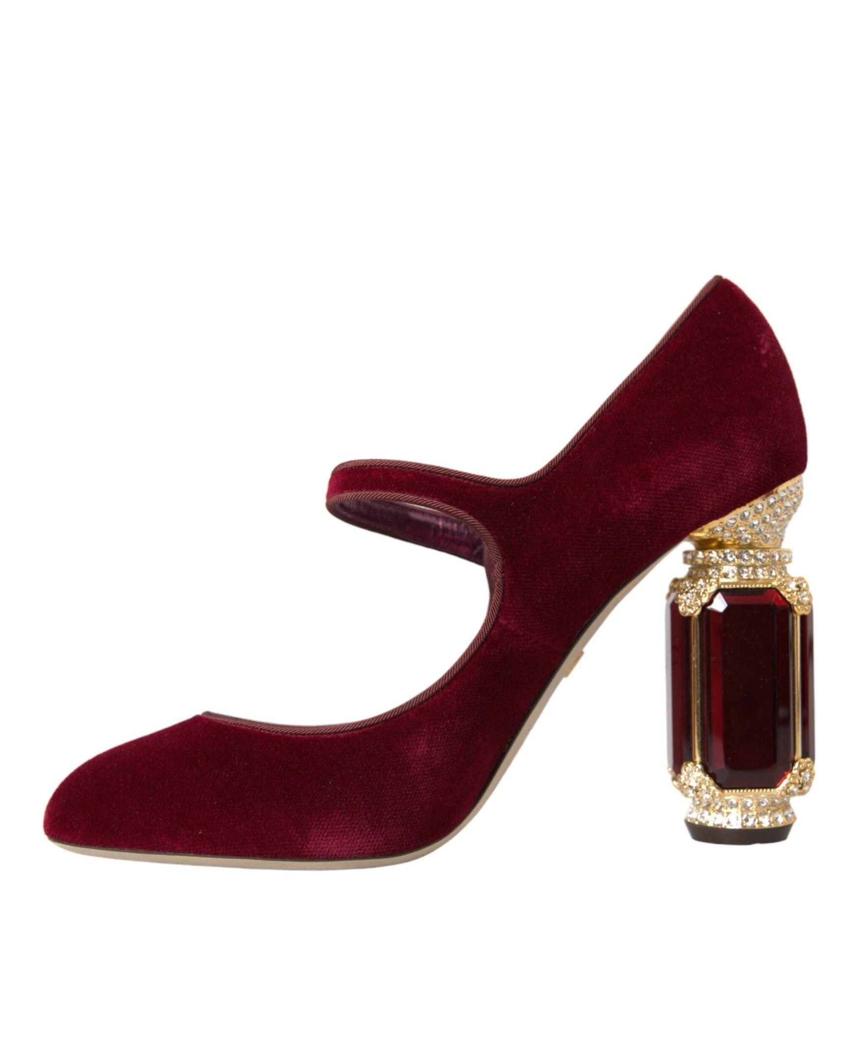 Dolce & Gabbana Red Velvet Gold Crystals Heels Mary Jane Shoes Heels