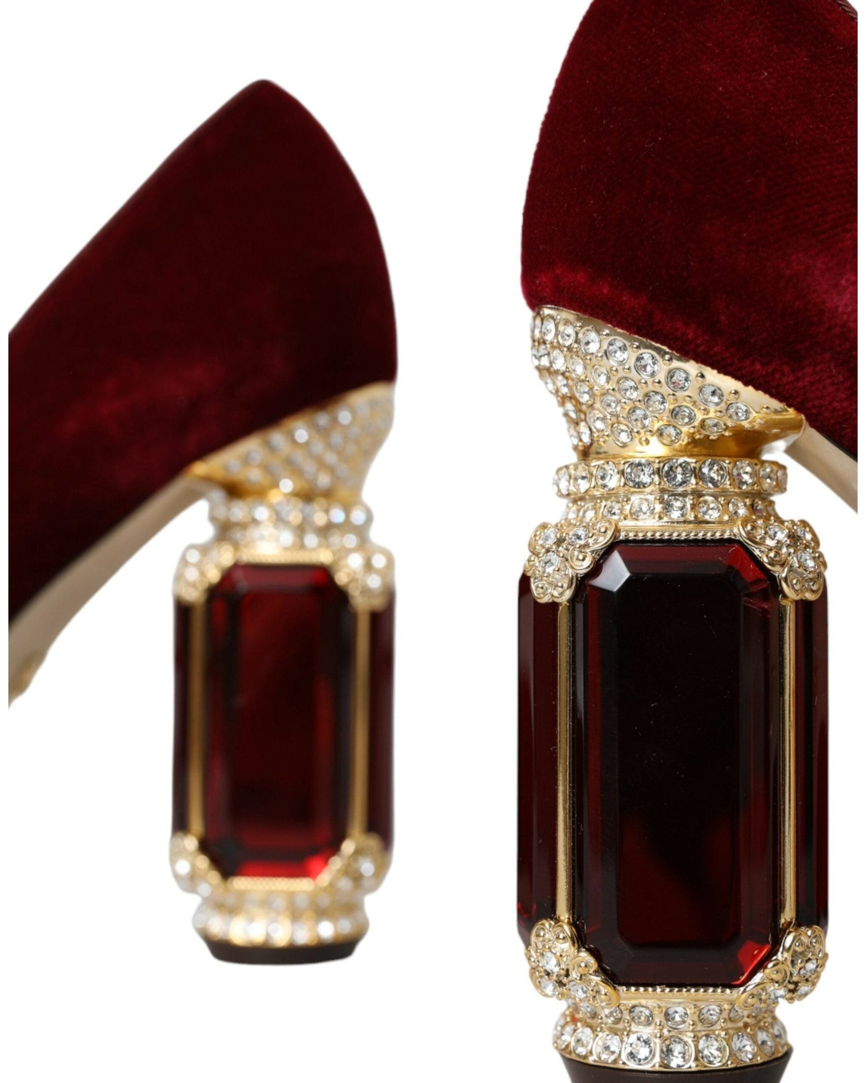 Dolce & Gabbana Red Velvet Gold Crystals Heels Mary Jane Shoes Heels