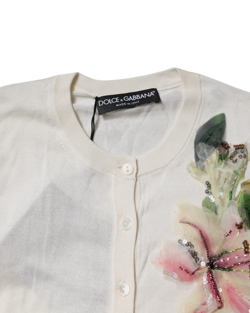 Dolce & Gabbana Silk Cream Floral Embellished Cardigan Sweater Glam Steals