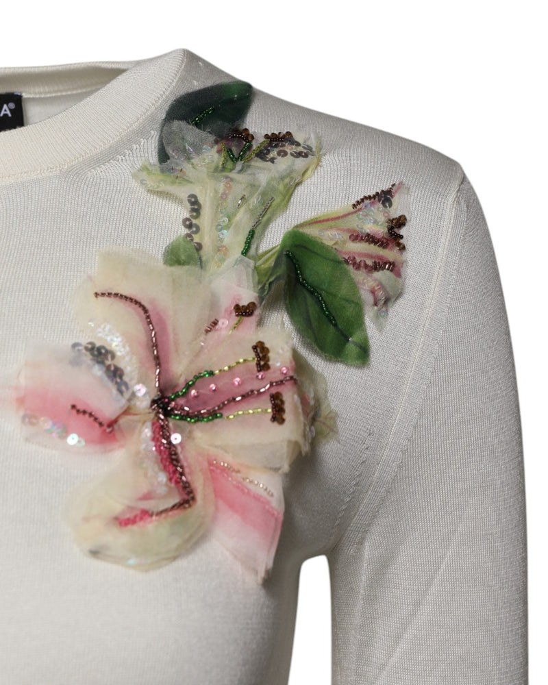 Dolce & Gabbana Silk Cream Floral Embellished Cardigan Sweater Glam Steals