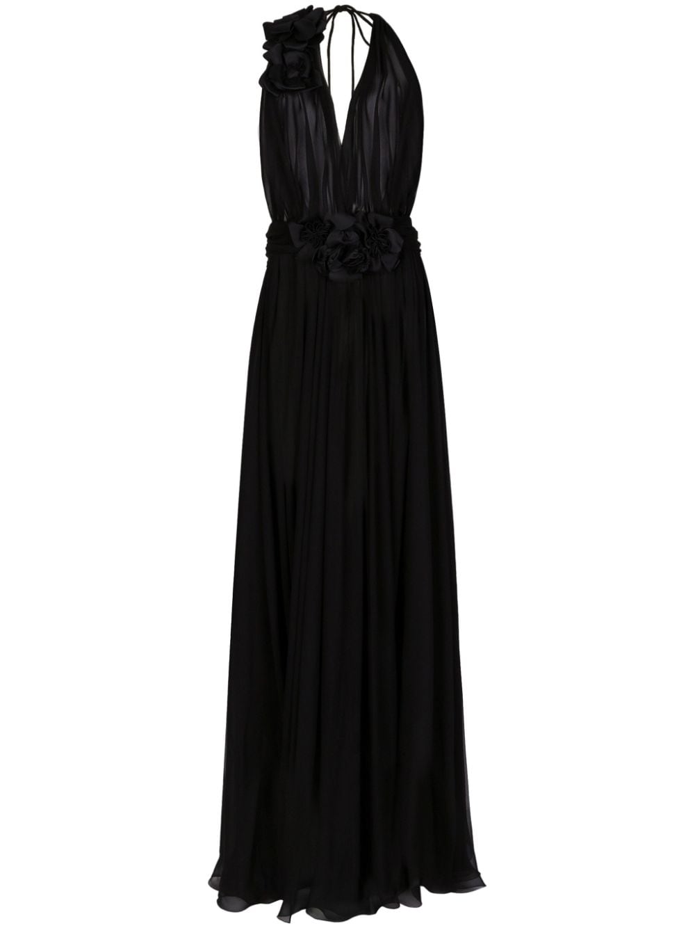 Dolce & Gabbana Silk Long Chiffon Dress with Floral Appliqué Glam Steals