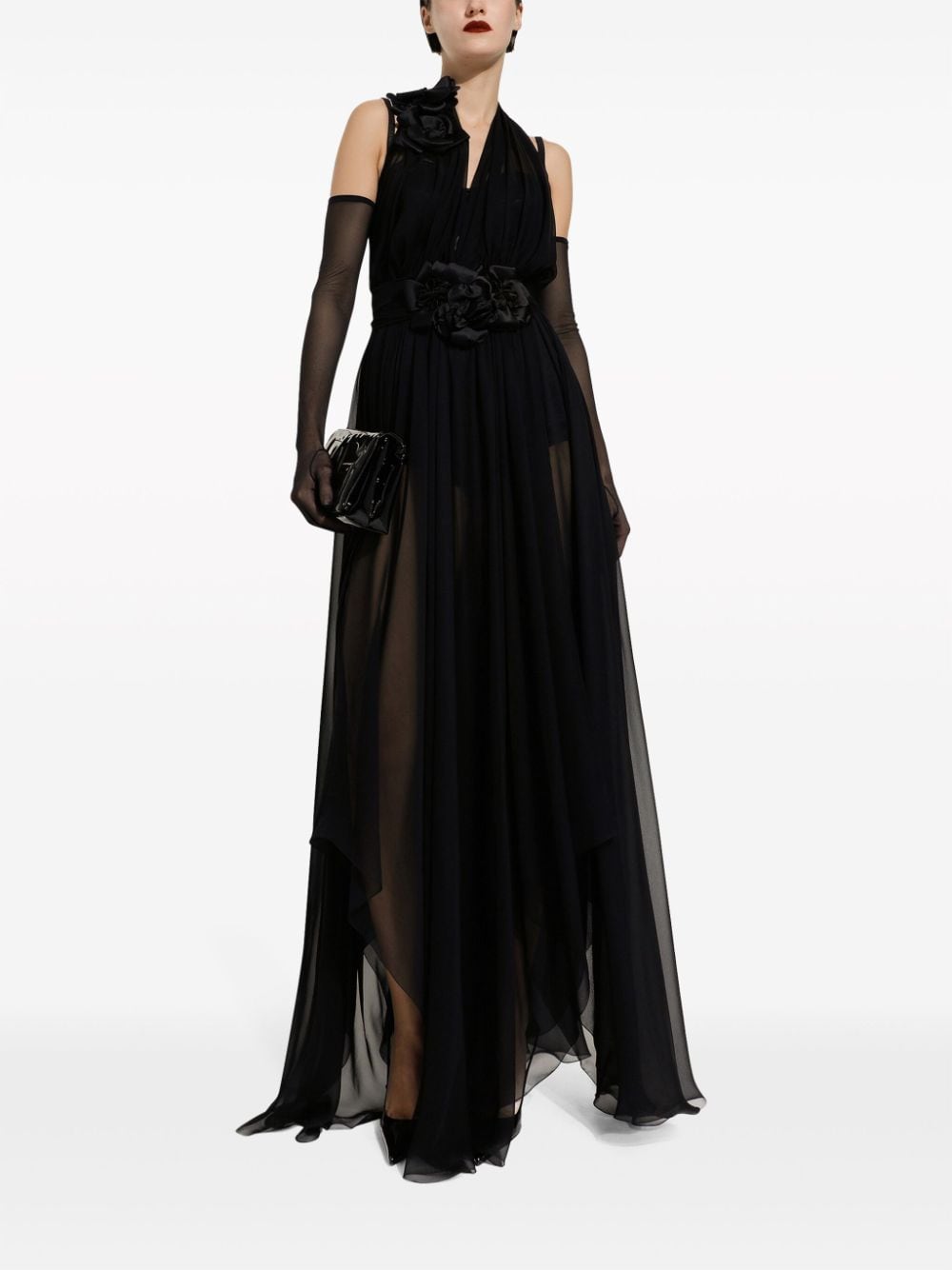 Dolce & Gabbana Silk Long Chiffon Dress with Floral Appliqué Glam Steals